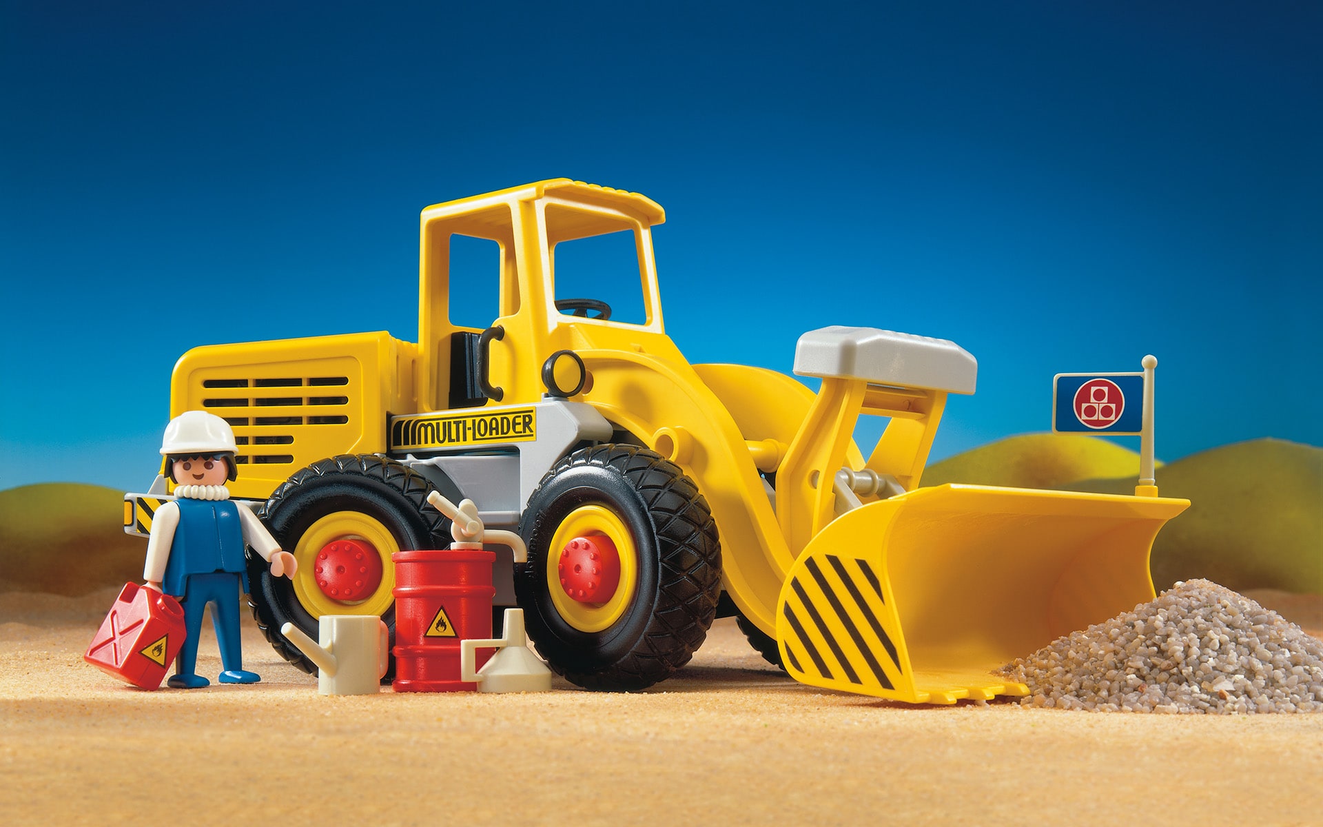 Yellow Toy digger by ITO Design for Playmobil, created in 1987, with construction worker figurine