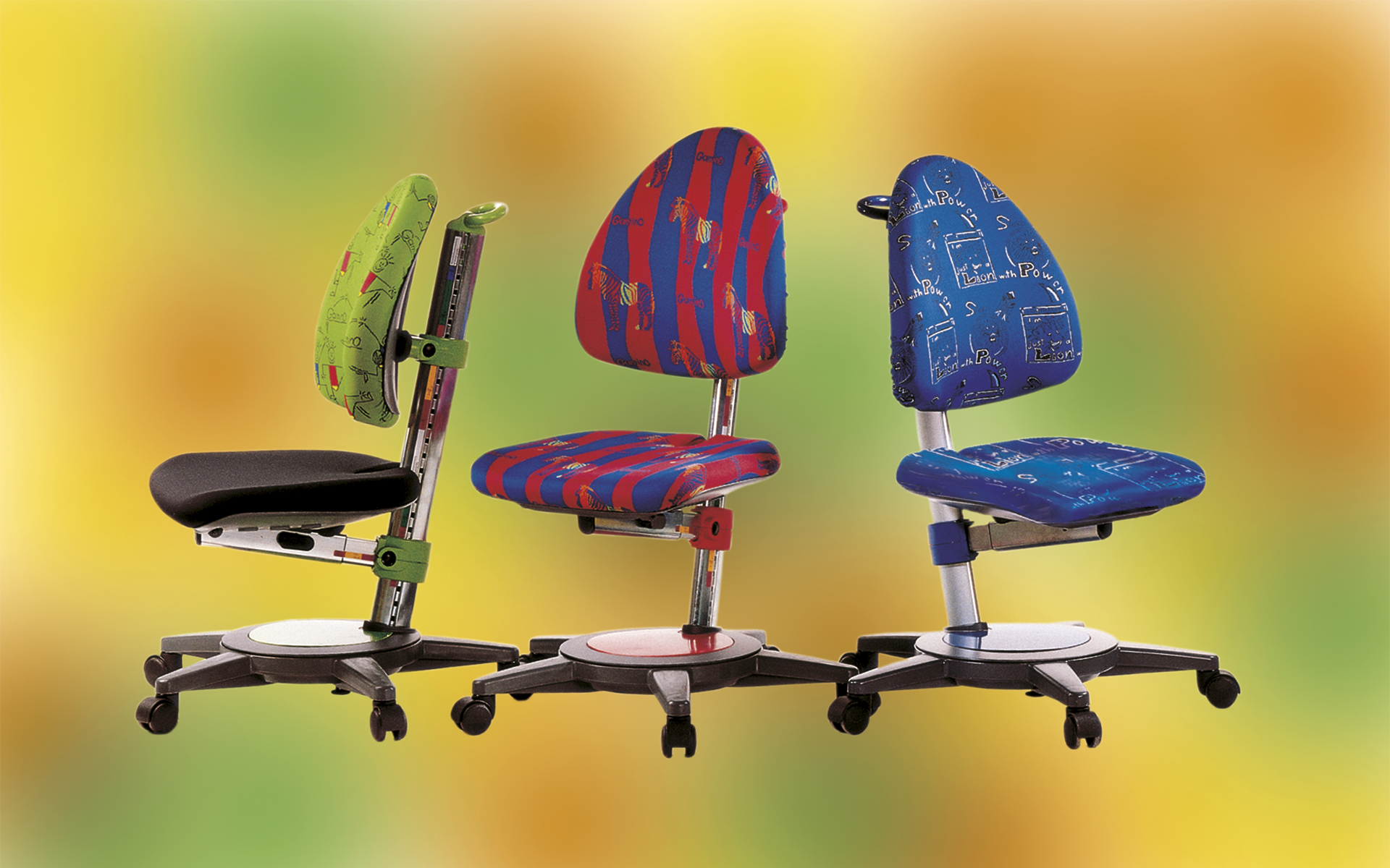 Three Moll Gamino children’s desk chairs by ITO Design with colorful upholstery