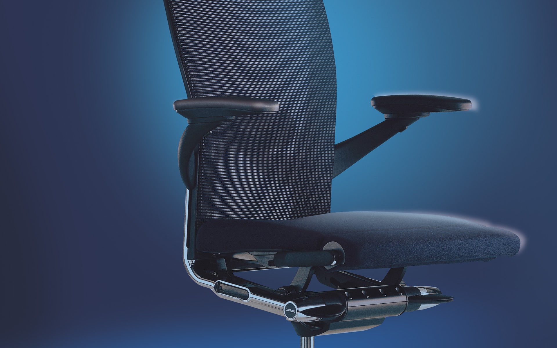 Black Haworth X99 office chair by ITO Design in front of a blue background