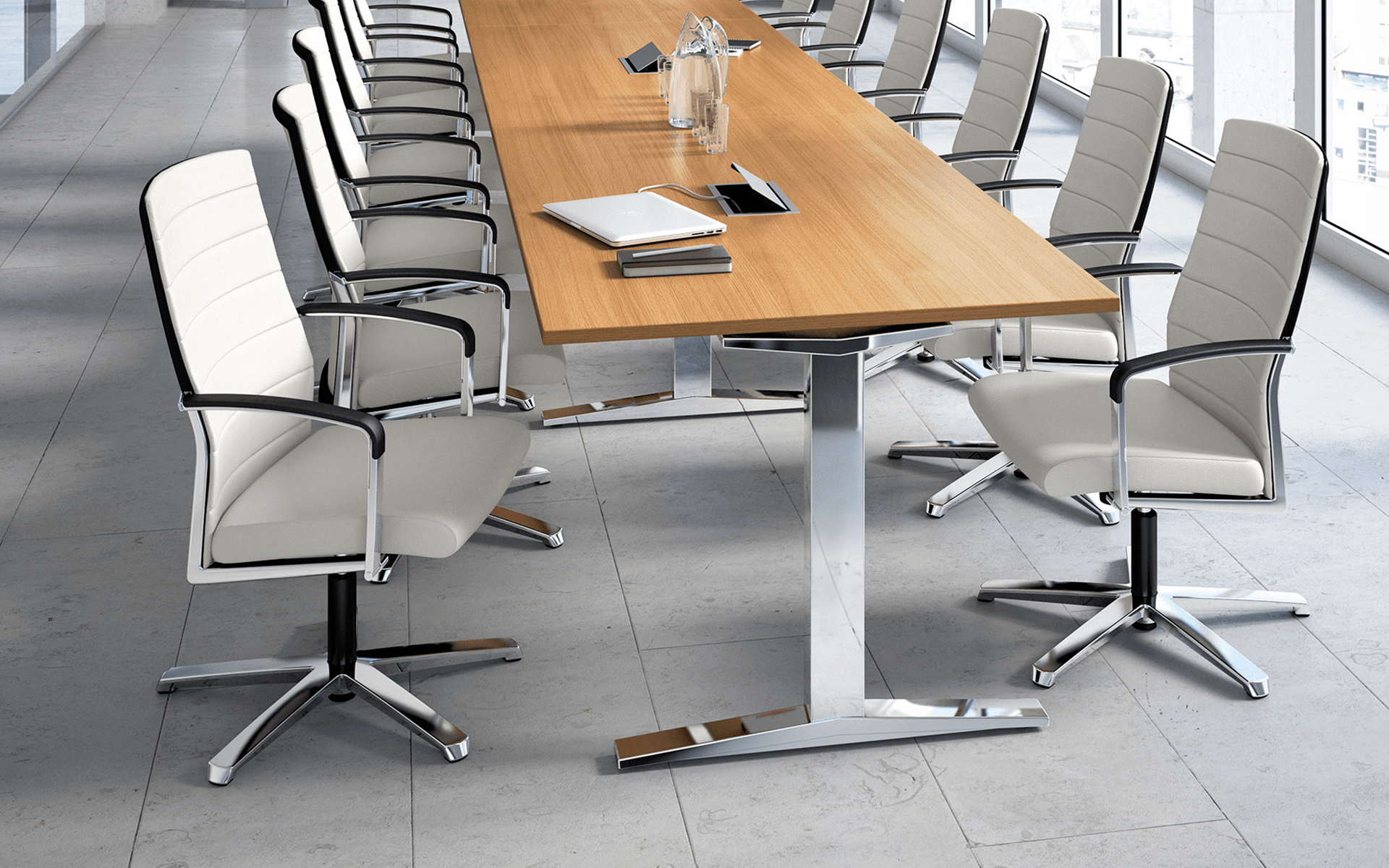 Light-colored K+N Agenda conference chairs by ITO Design in light-flooded conference room