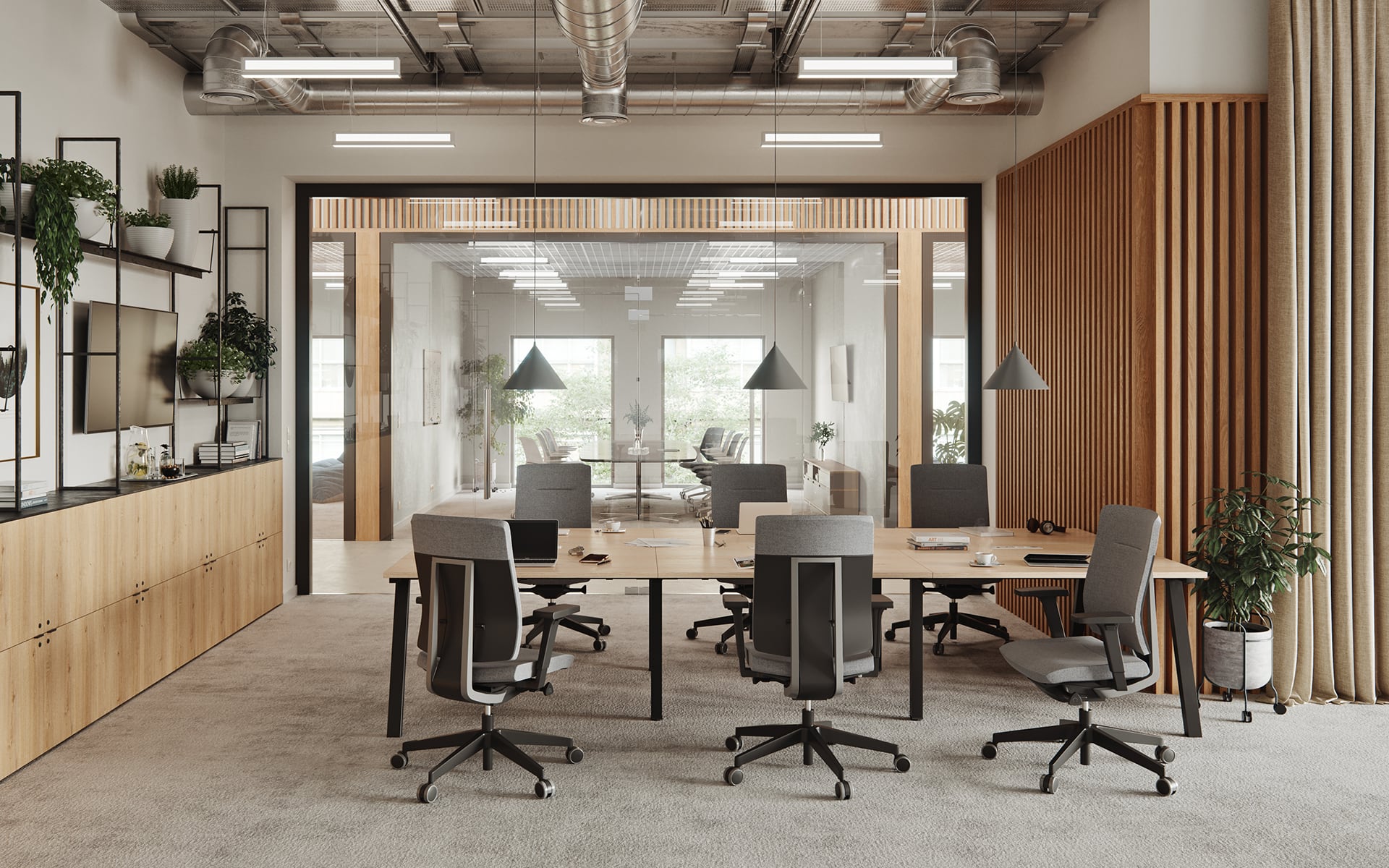 Modern conference room with six Profim Xenon office chairs by ITO Design with grey upholstery