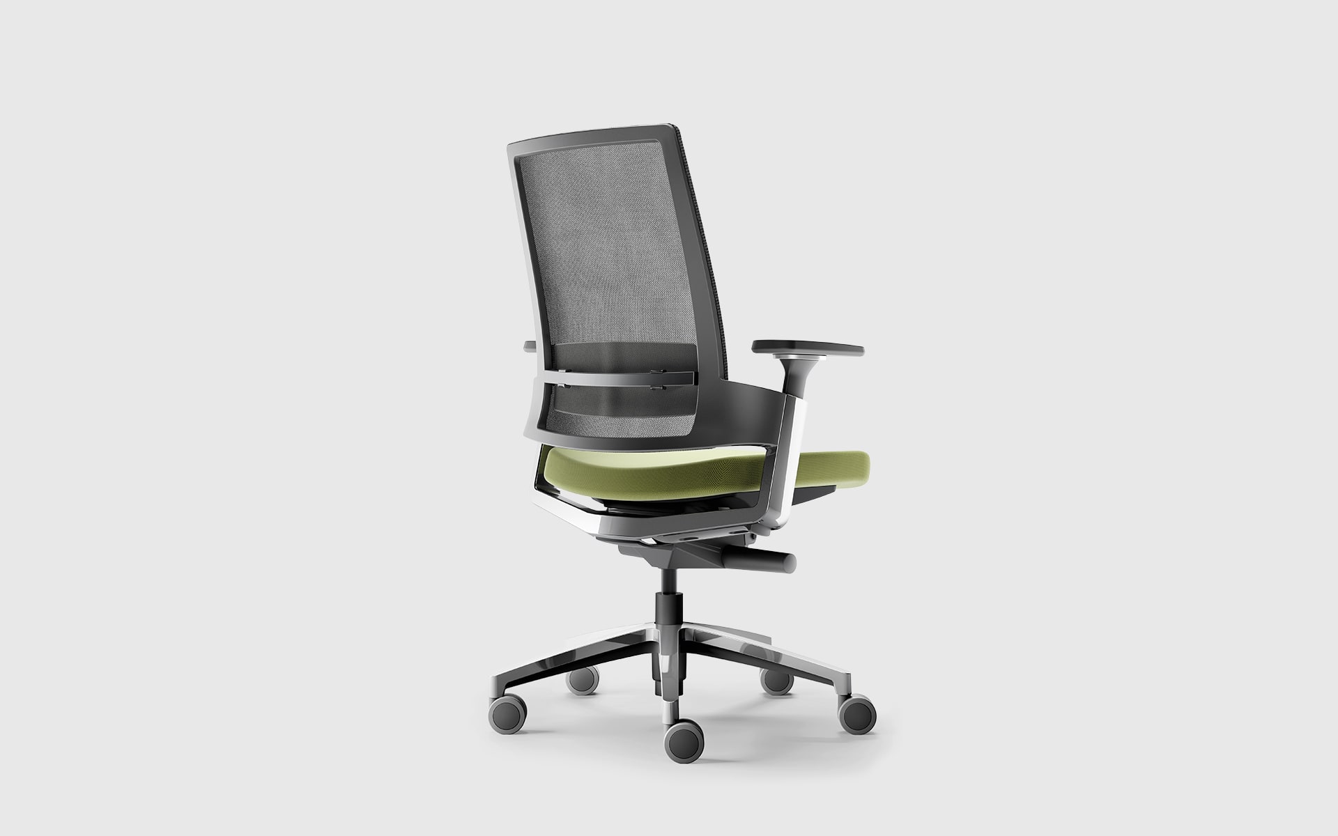 Forma 5 3.60 office chair by ITO Design with ergonomic gray backrest and green upholstery