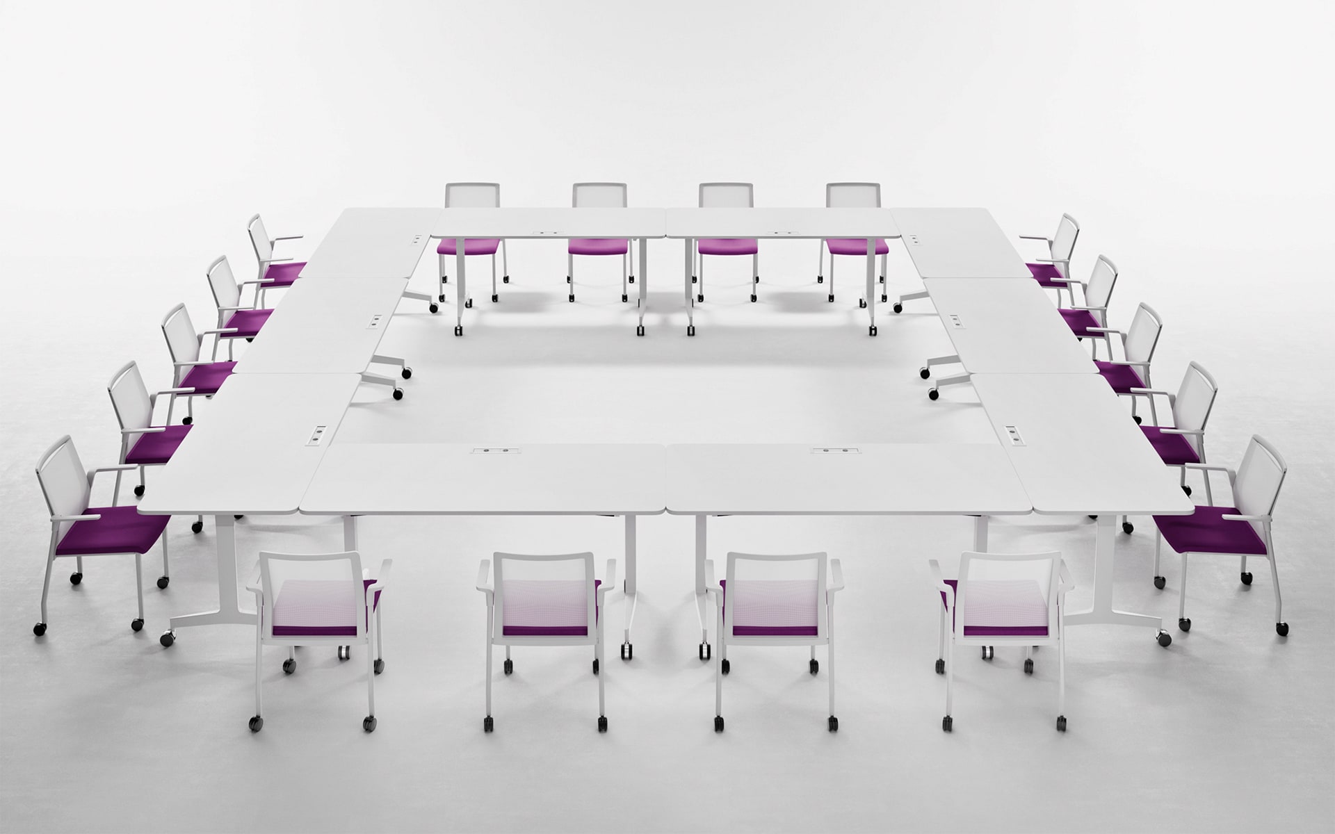 Minimalist conference room with white Forma 5 Folding Travel folding tables by ITO Design