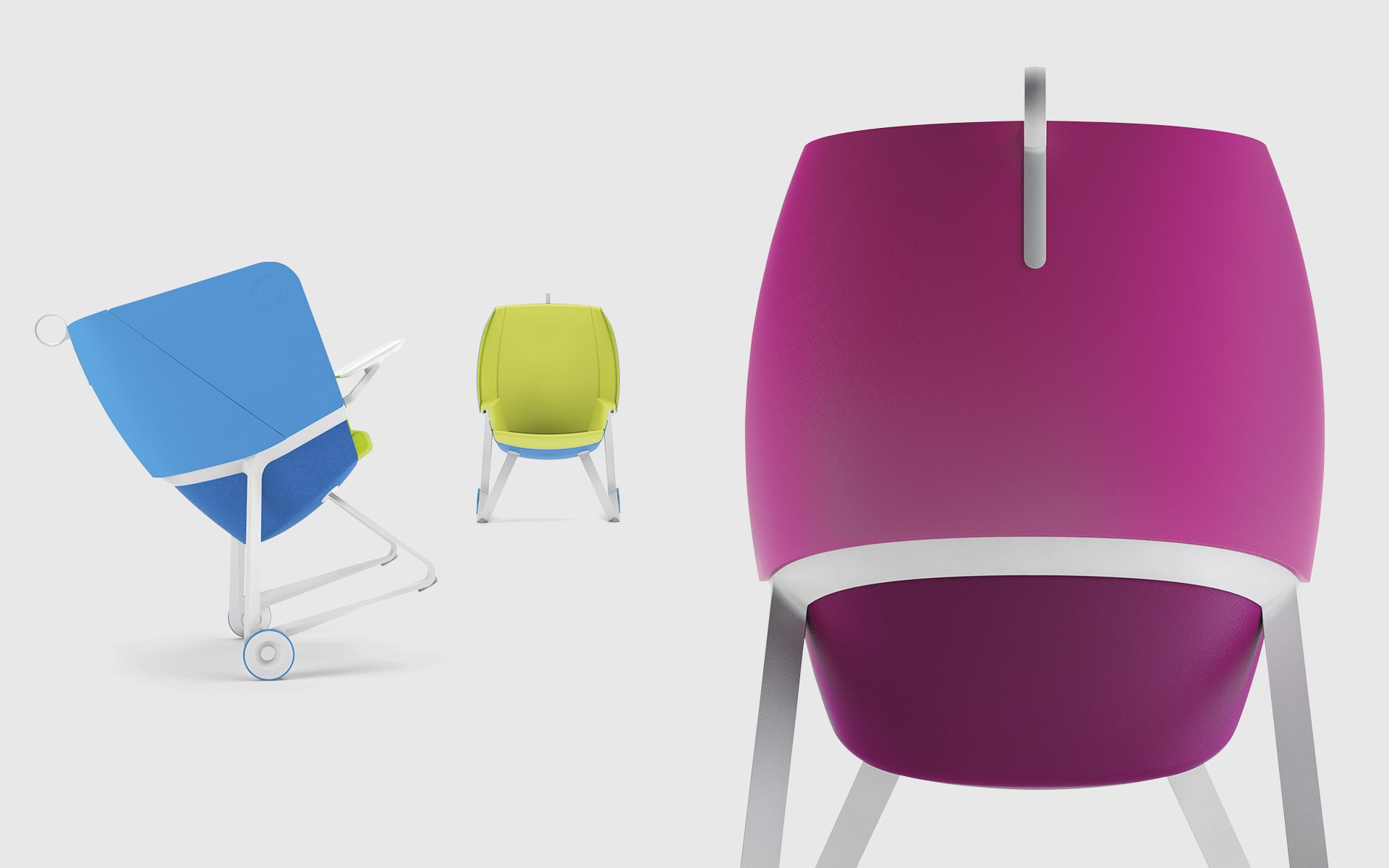 Three BASF TeamUP chairs by ITO Design in bright blue, bright green and shocking pink