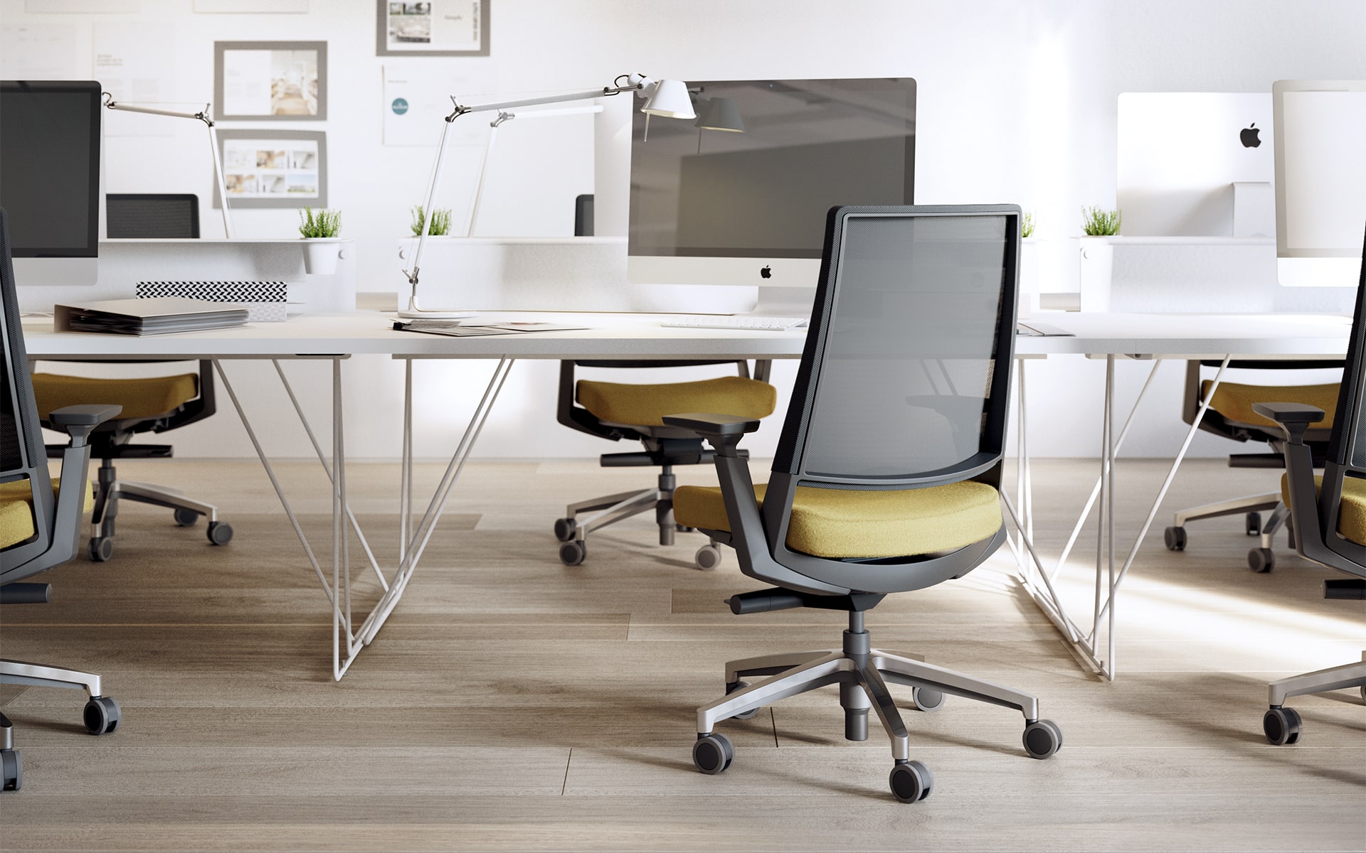 Forma 5 Kineo office chairs by ITO Design with ochre upholstery in modern group workspace