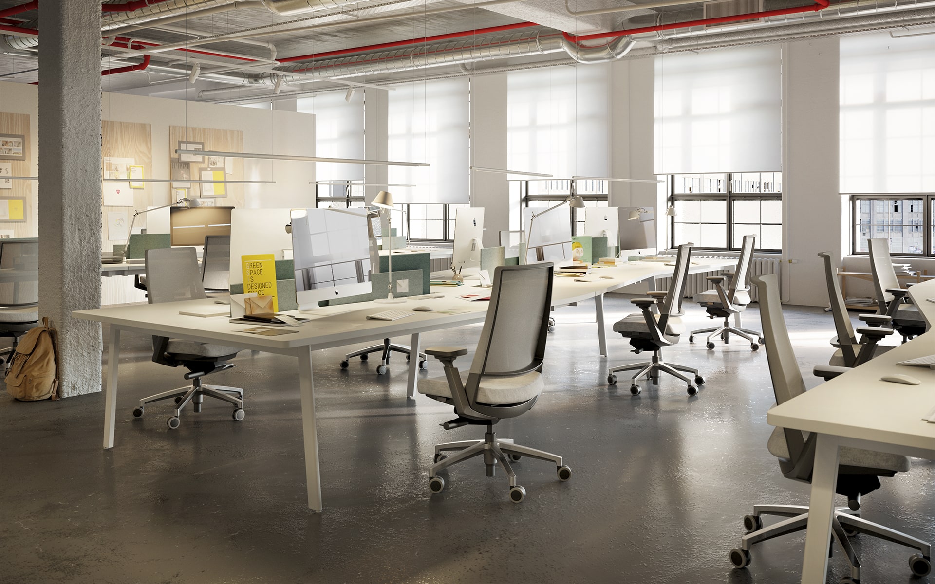 Stylish industrial style open space office, furnished with Forma 5 Kineo office chairs by ITO Design