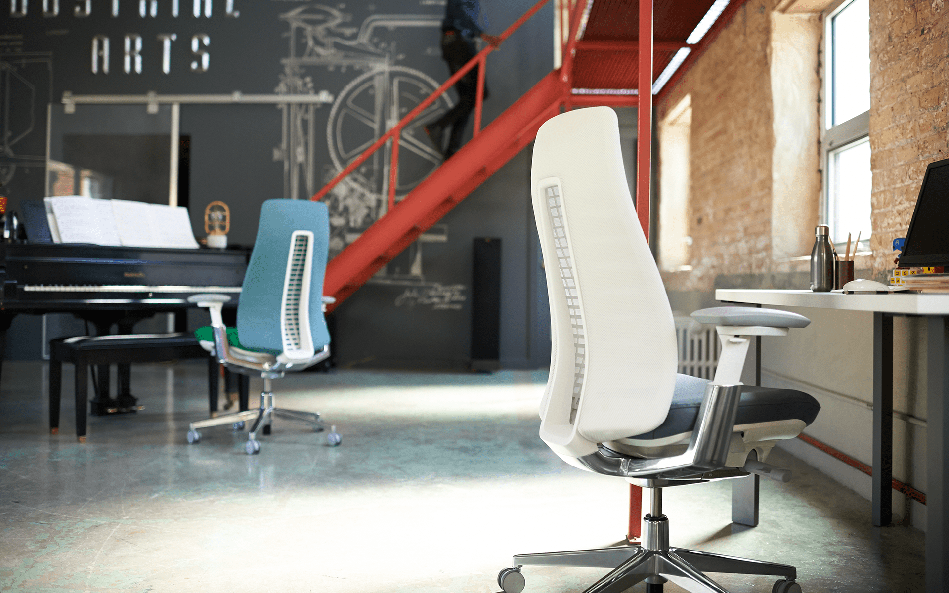 Haworth Fern office chairs by ITO Design in white and blue in modern loft