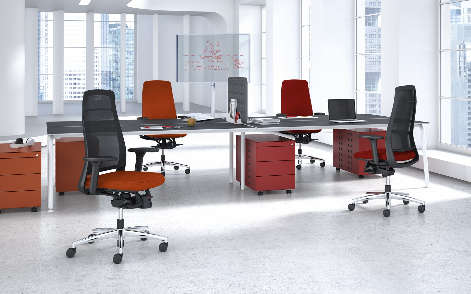 Modern, light-flooded group workspace with four K+N Tensa Next office chairs by ITO Design in red-black