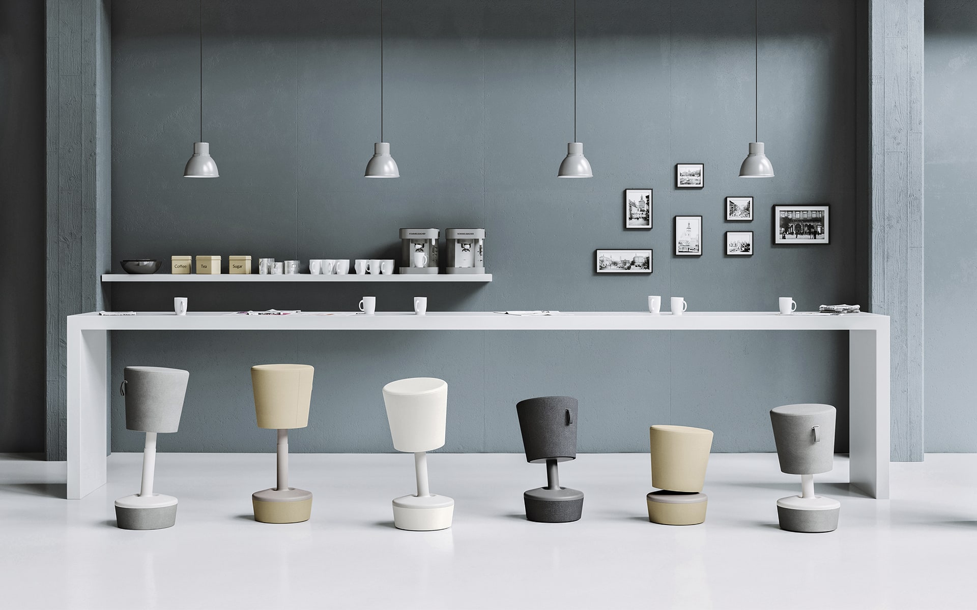 Six Profim Mickey stools by ITO Design of different heights in natural colors in modern standing workspace