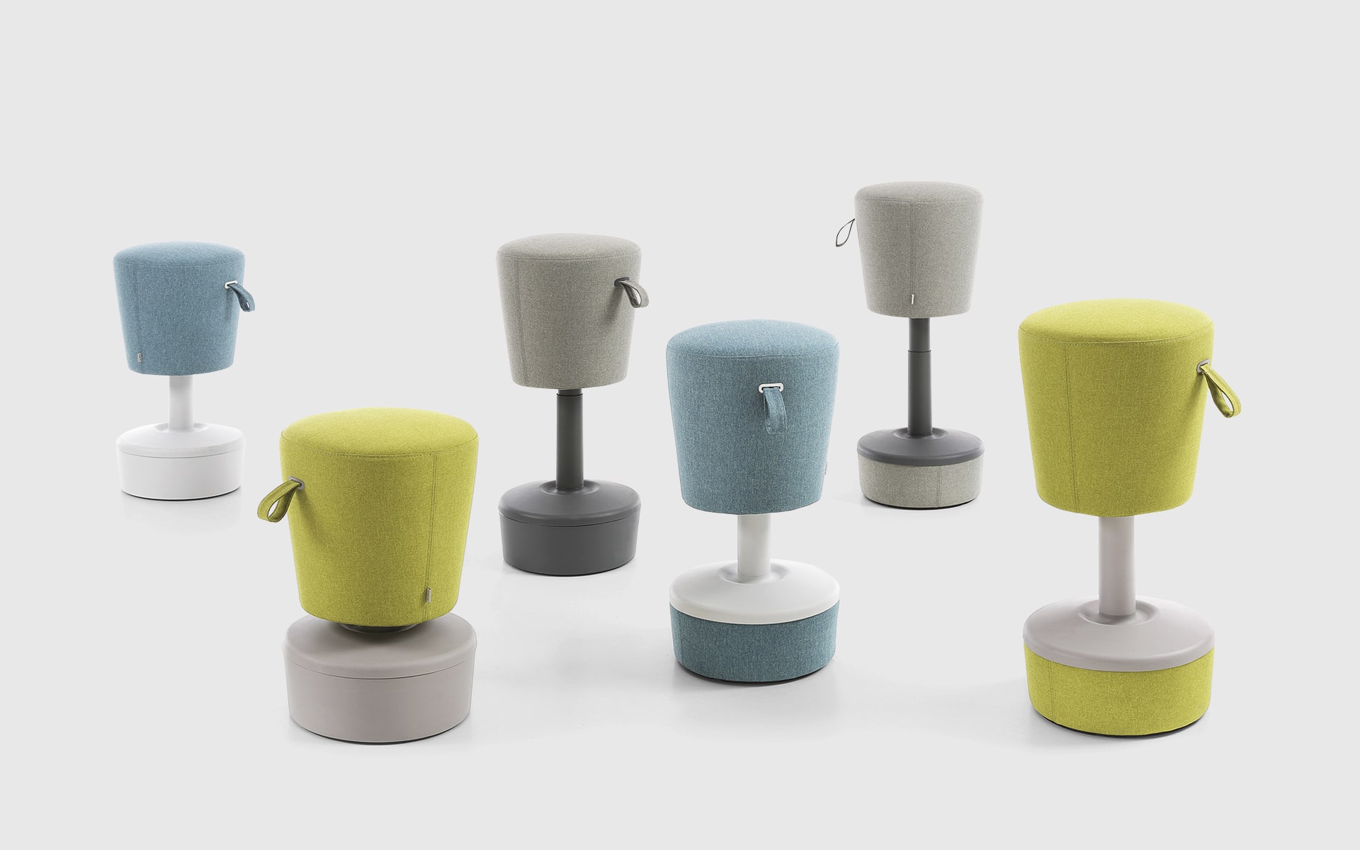 Six Profim Mickey stools by ITO Design in light blue, yellow green and grey