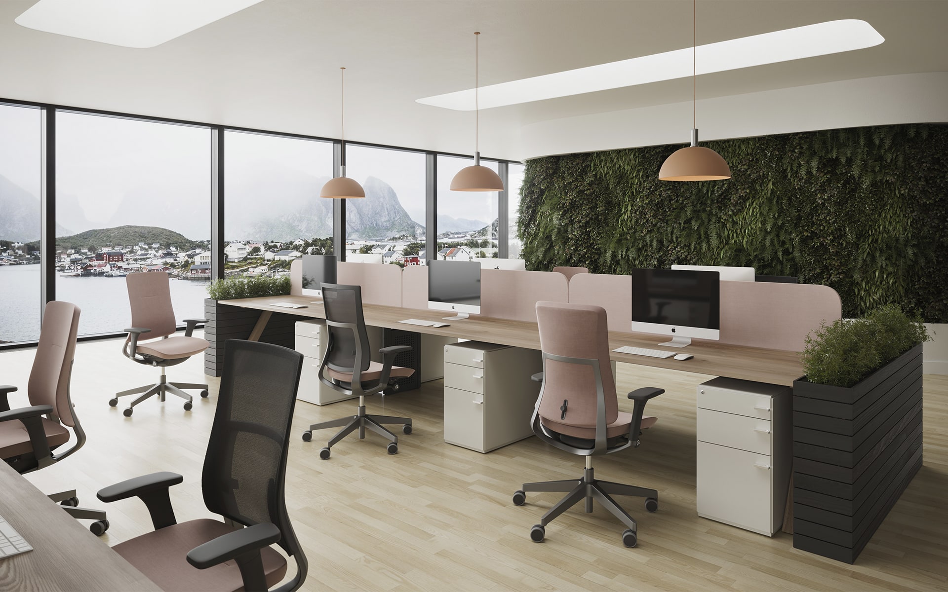 Several Profim Violle office chairs in dusky pink in stylish open space office with large window facade and view of a fjord