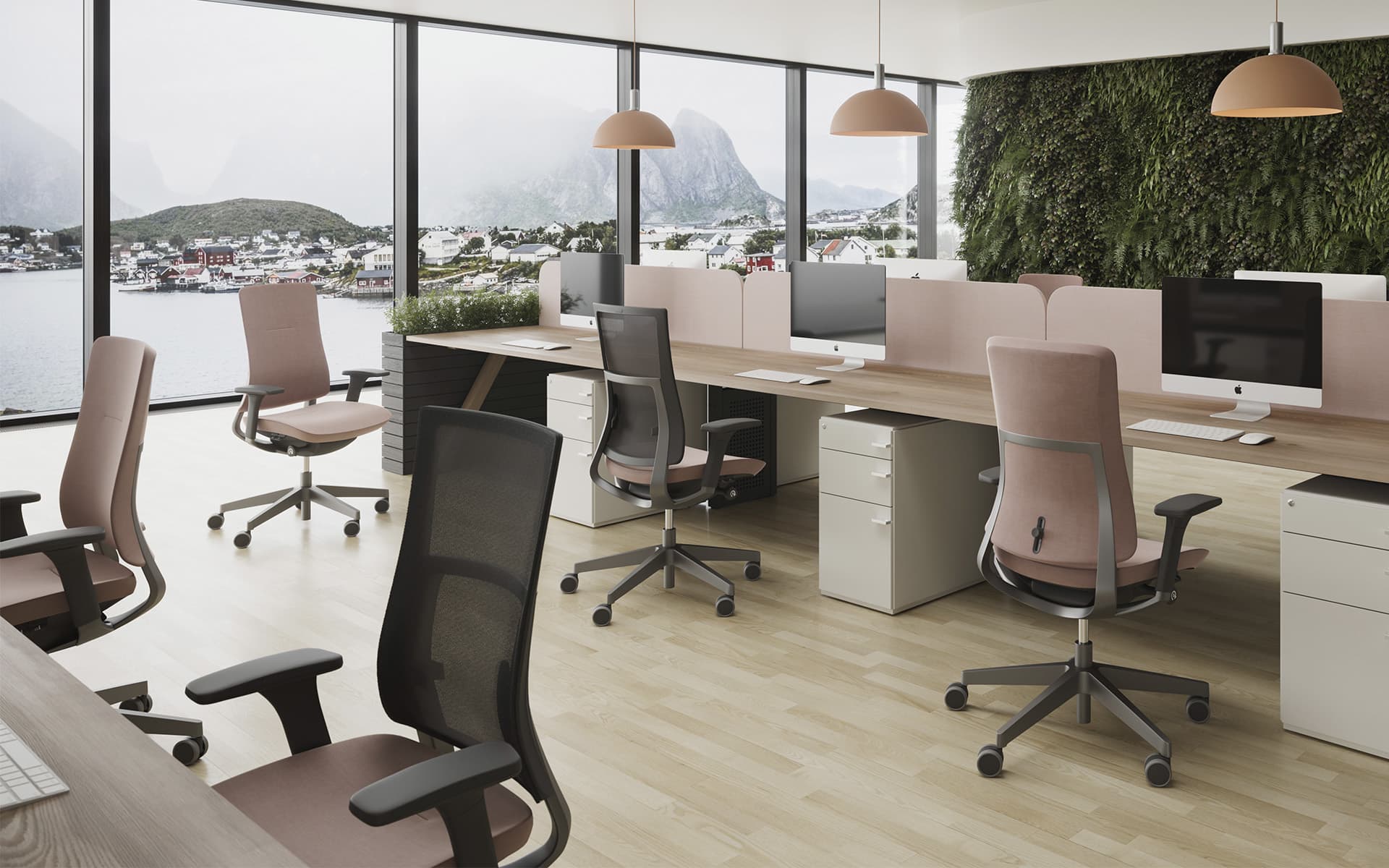 Several Profim Violle office chairs in dusky pink in stylish open space office with large window facade and view of a fjord