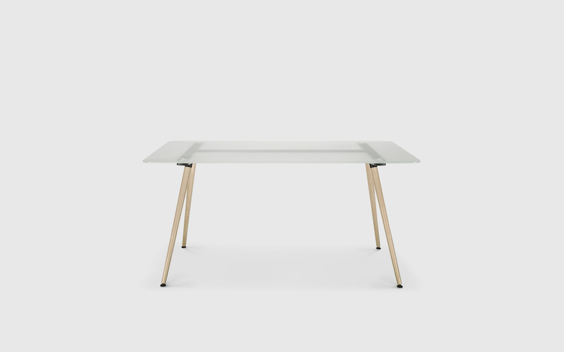 Profim Sam table by ITO Design with milk glass tabletop and natural wood legs