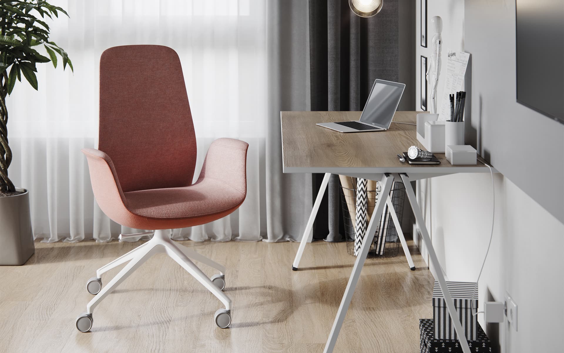 Lachsfarbener Profim Ellie Stuhl von ITO Design in skandinavisch anmutendem Home-Office