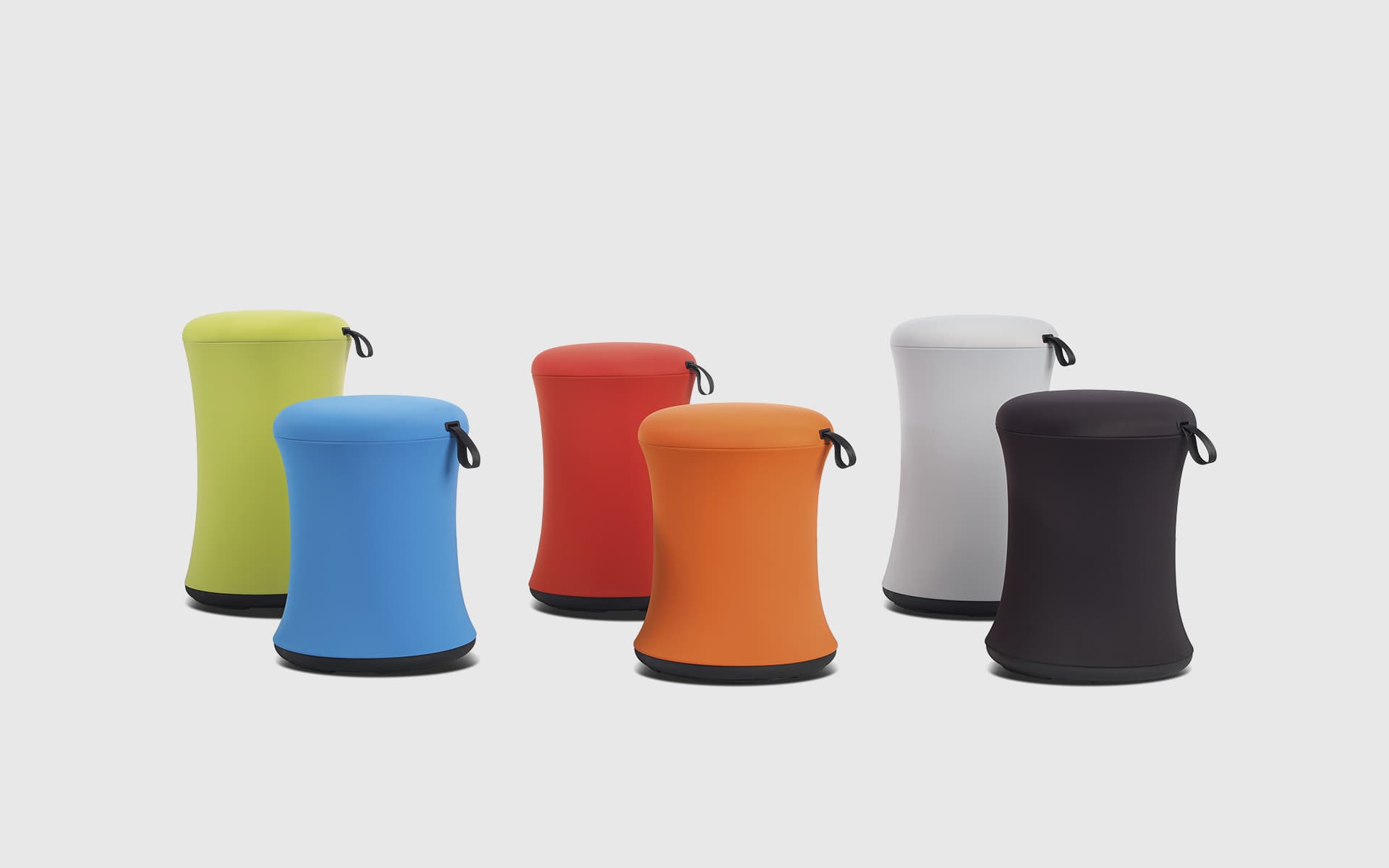 Six UE Furniture Uebobo stools by ITO Design in light green, light blue, bright red, orange, light grey and black