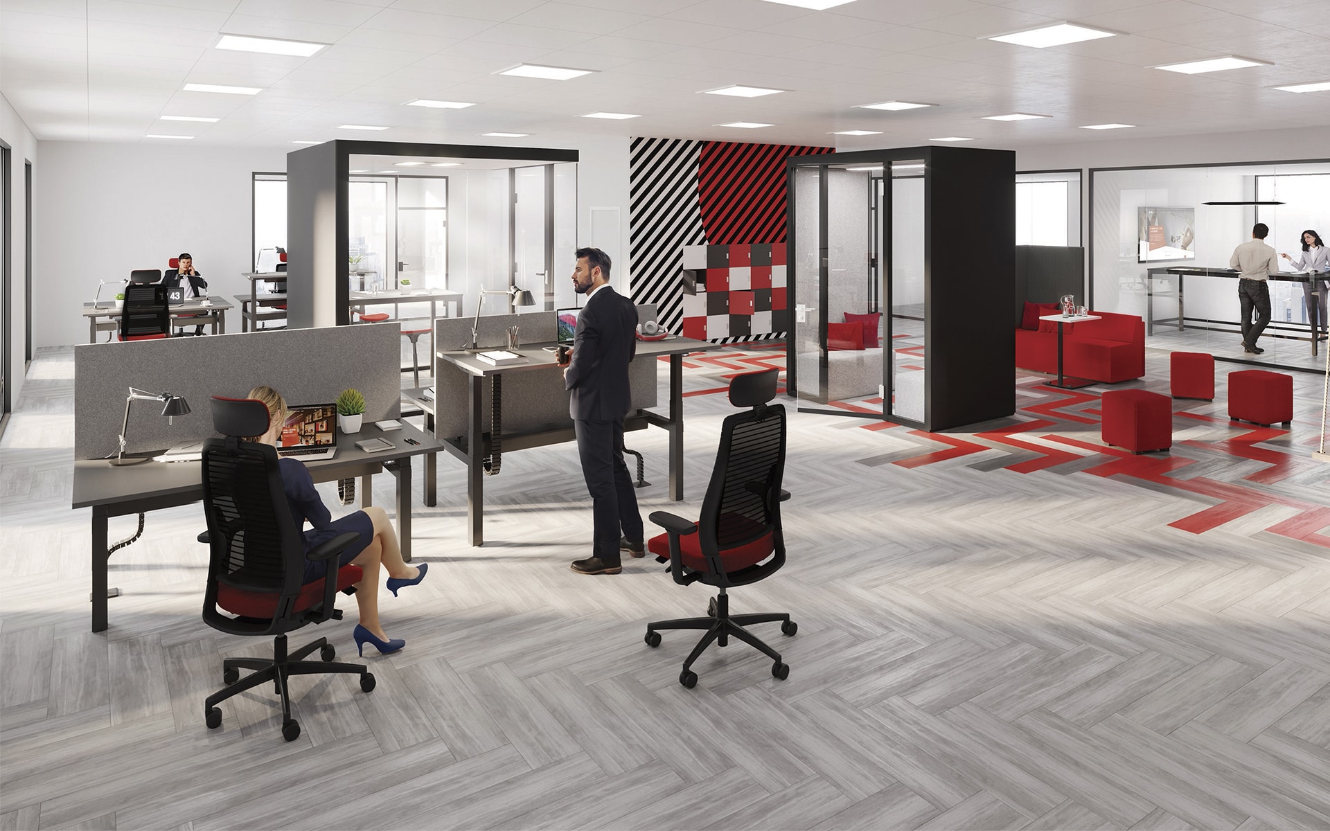 Design open space office with several K+N Okay III office chairs by ITO Design in black and red