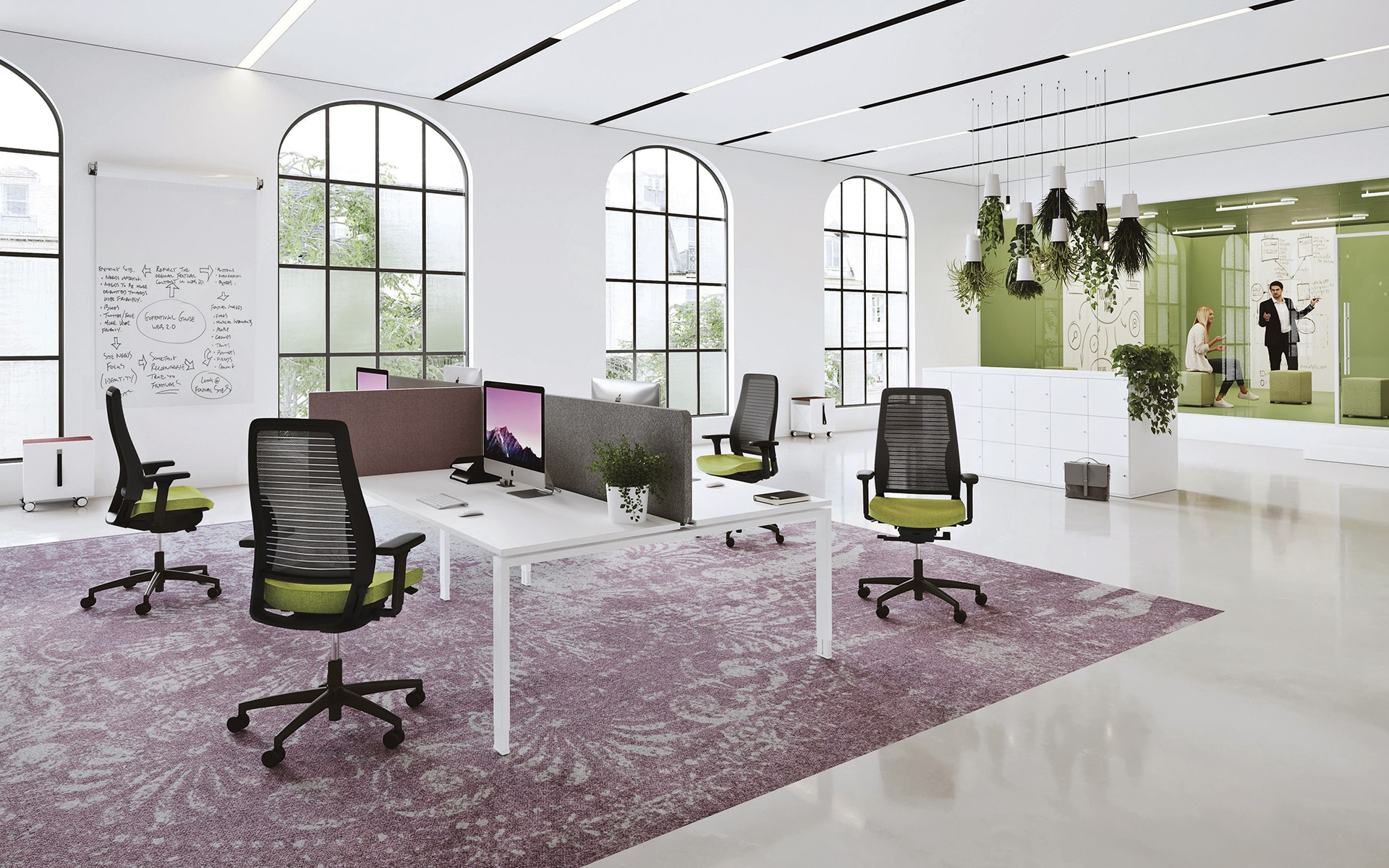 Four K+N Okay III office chairs by ITO Design in black and light green in modern open space office