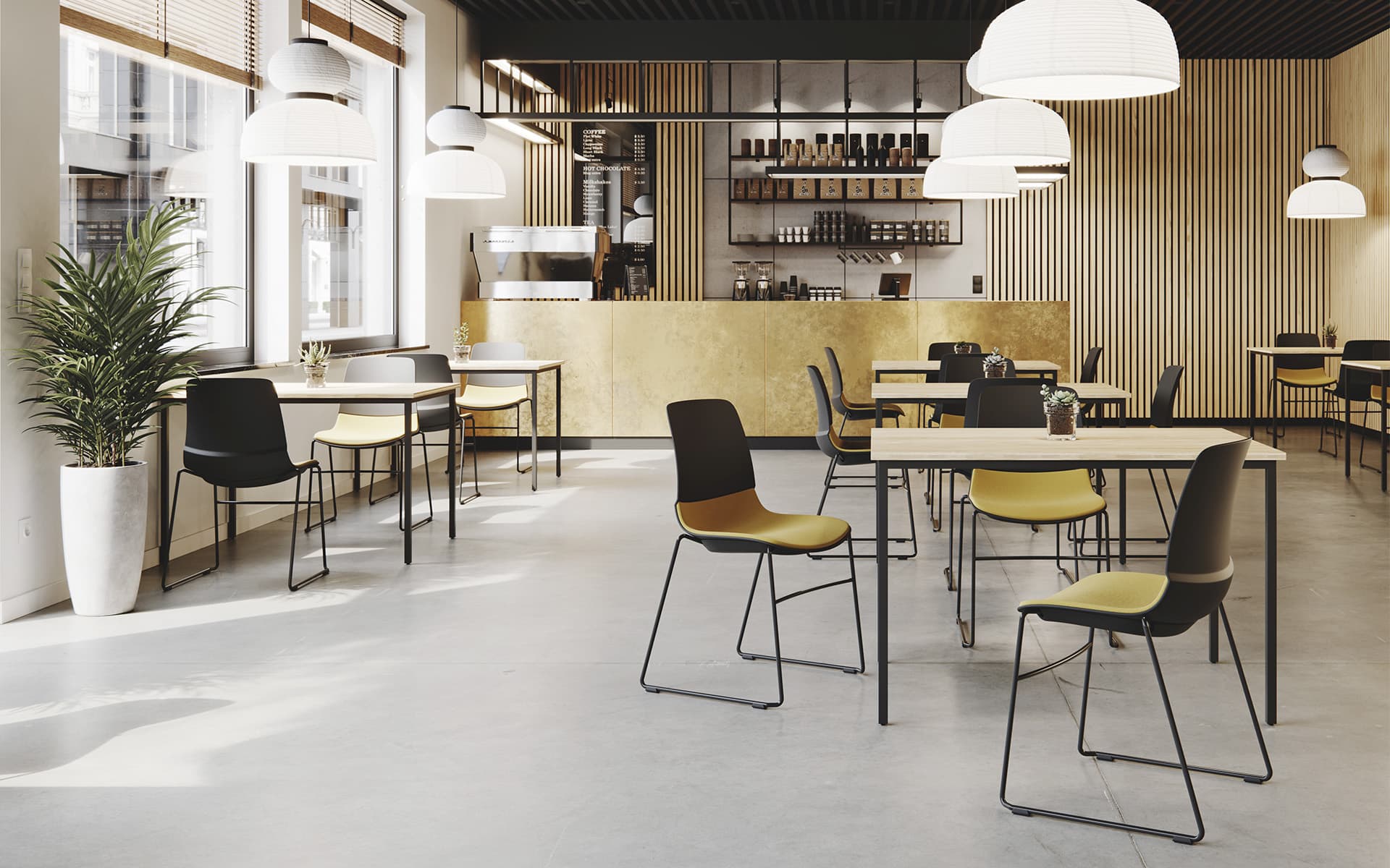 Several Patra Mika multi-purpose chairs by ITO Design in black with ochre-colored upholstery in modern coffee place