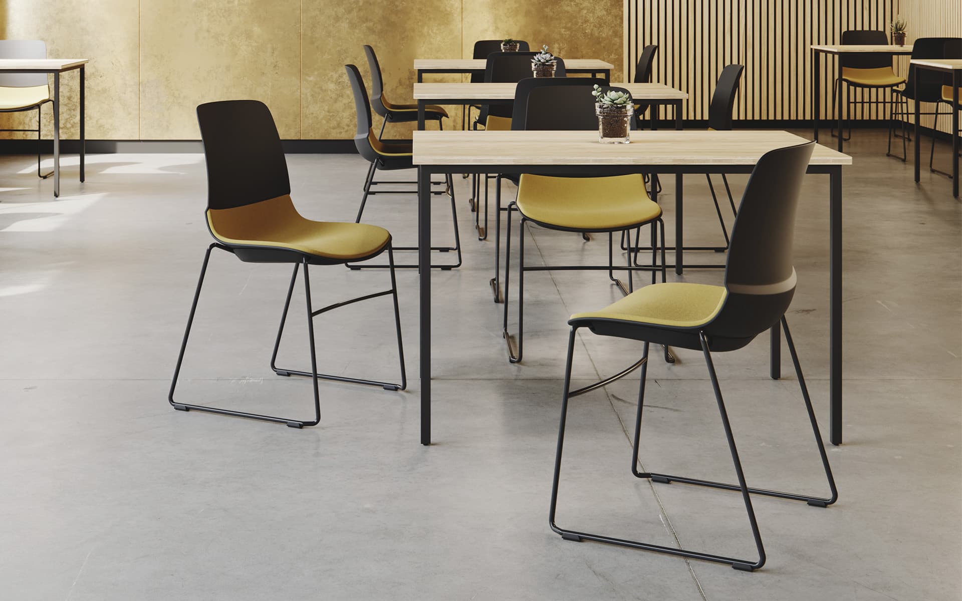 Several Patra Mika multi-purpose chairs by ITO Design in black with ochre-colored upholstery in modern coffee place