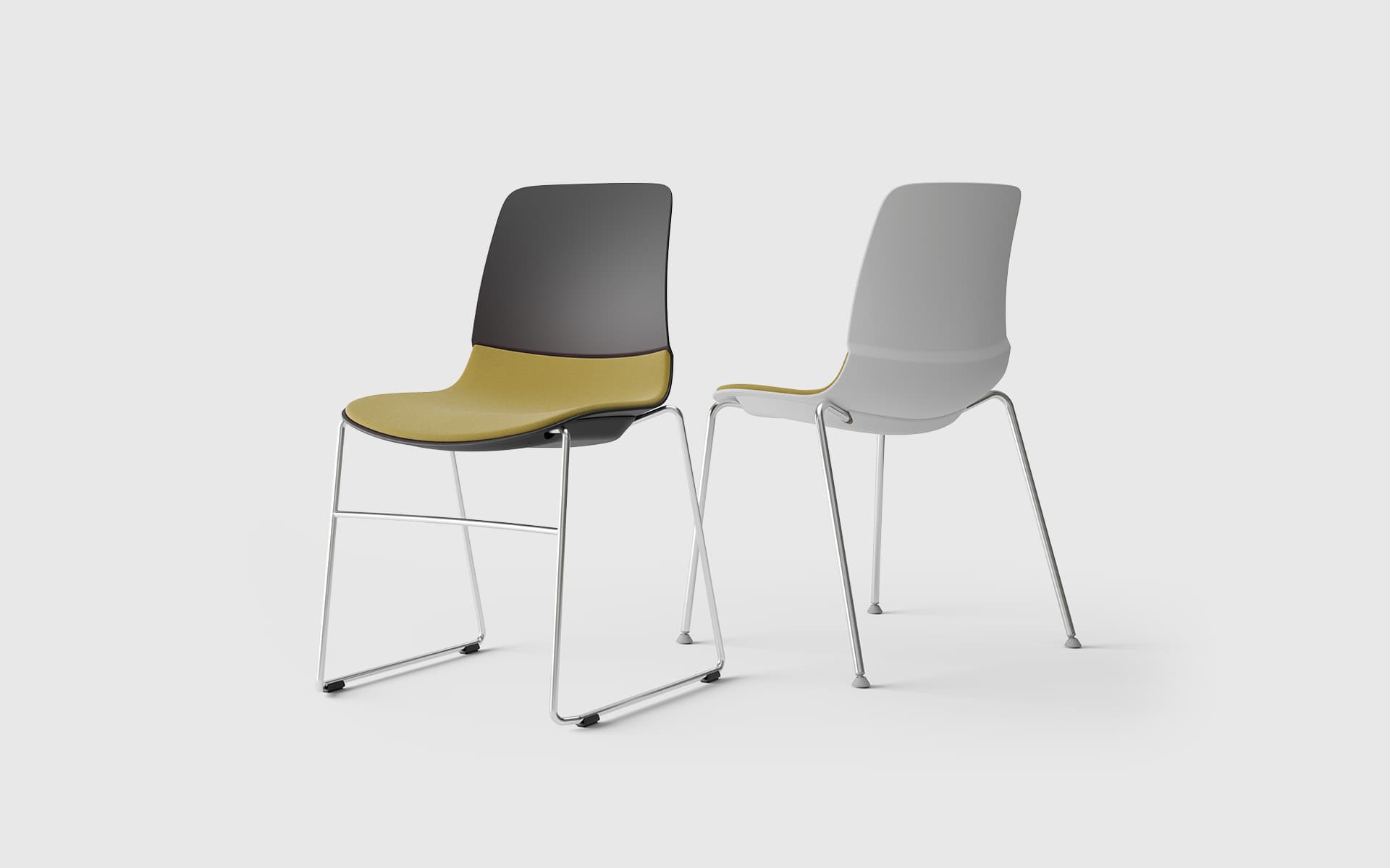 Two Patra Mika multi-purpose chairs by ITO Design in black and white with ochre-colored upholstery and with different frames
