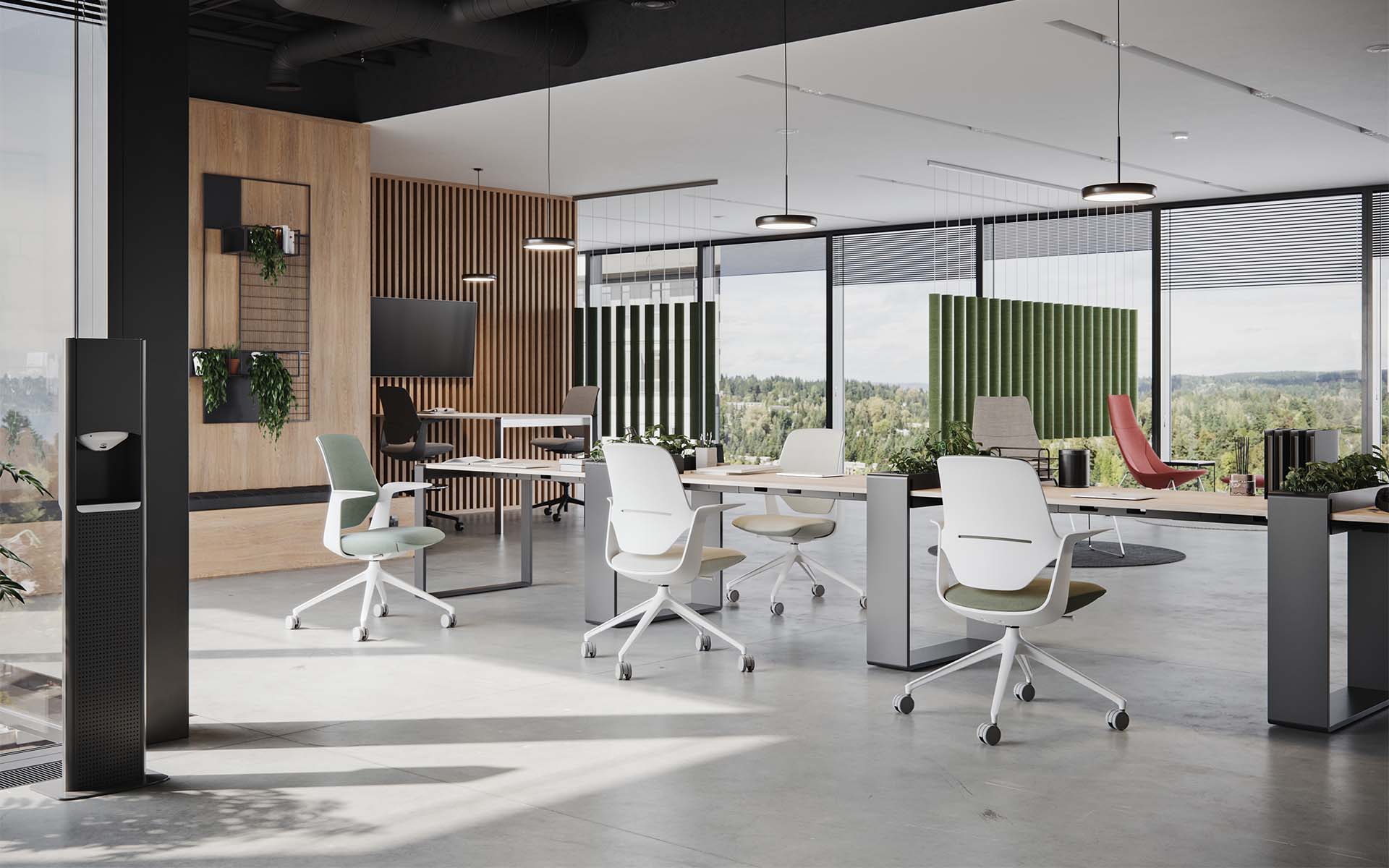 Several Profim Trillo Pro office chairs by ITO Design in modern co-working space