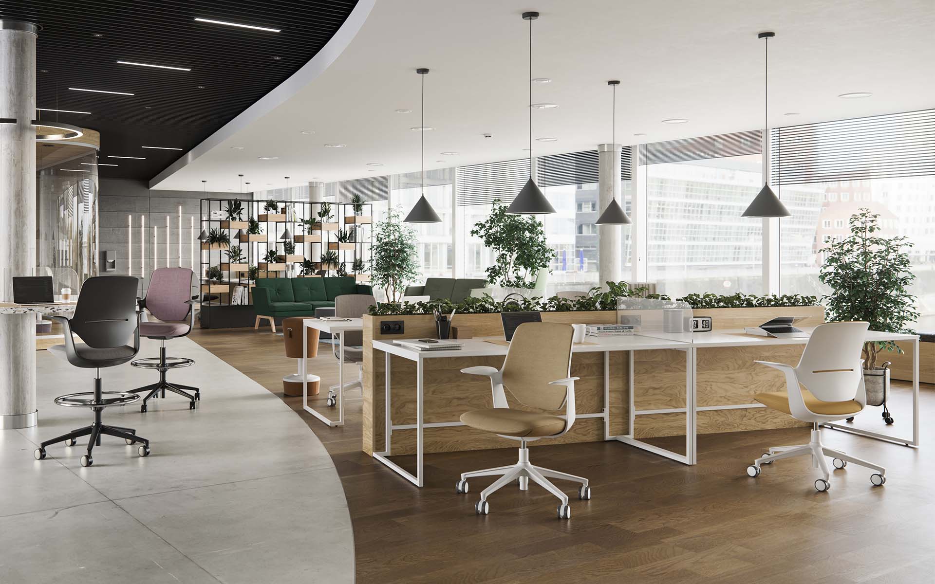 Several versions of the Profim Trillo Pro office chair by ITO Design in modern co-working space