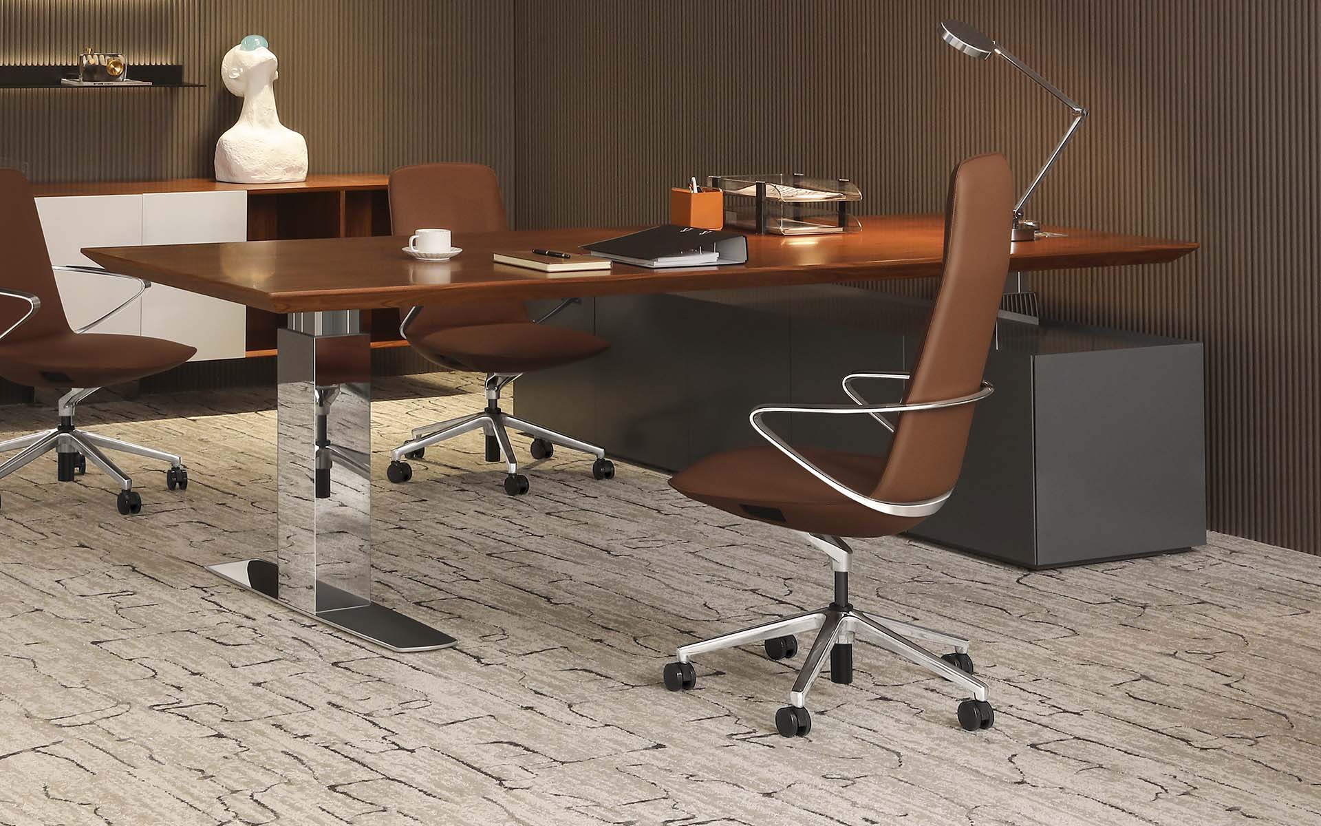 Three brown Goodtone Amola executive chairs by ITO design in a noble office