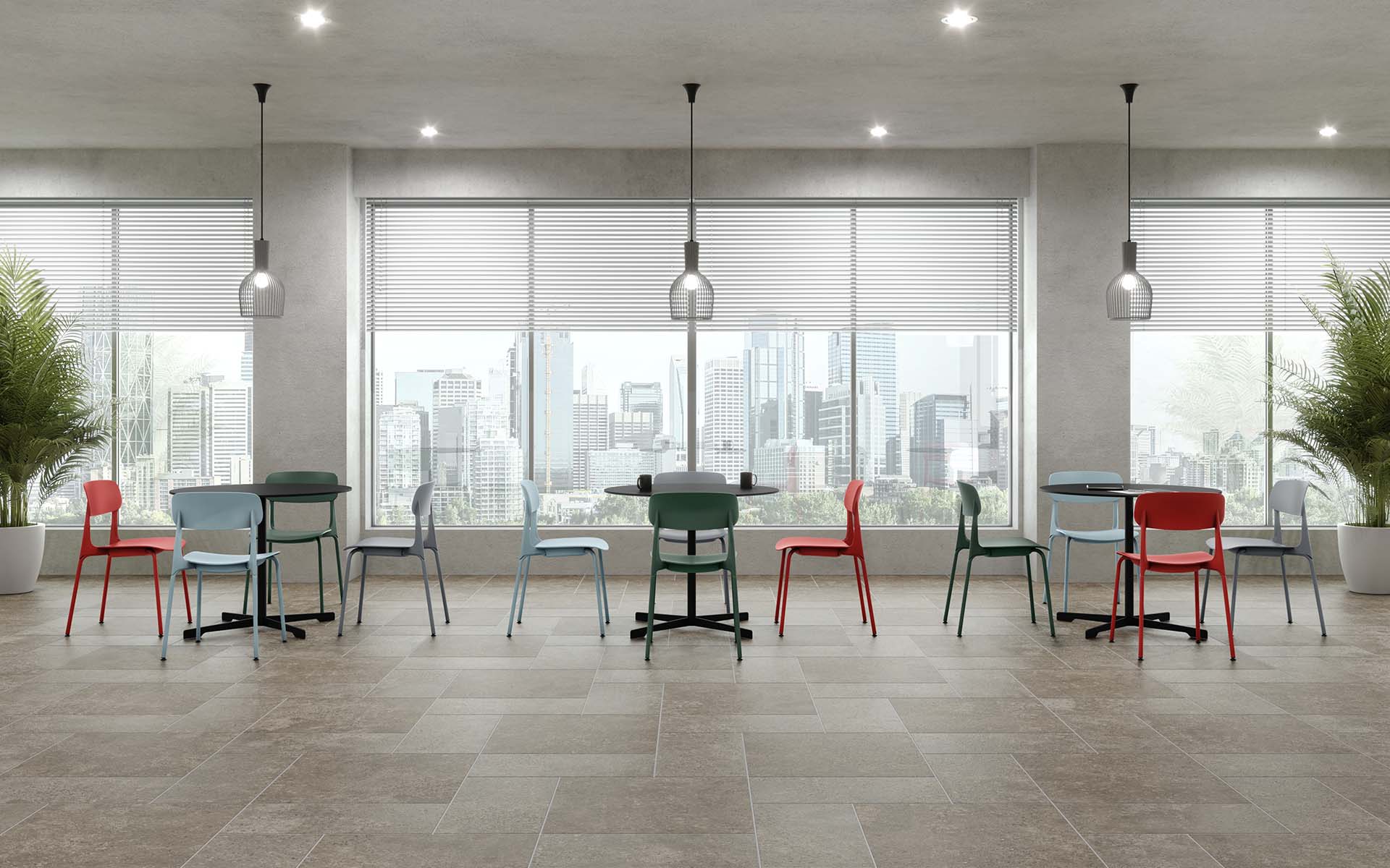 Modern cafeteria with skyline view, equipped with tables and Okamura Ena visitor chairs in different colors