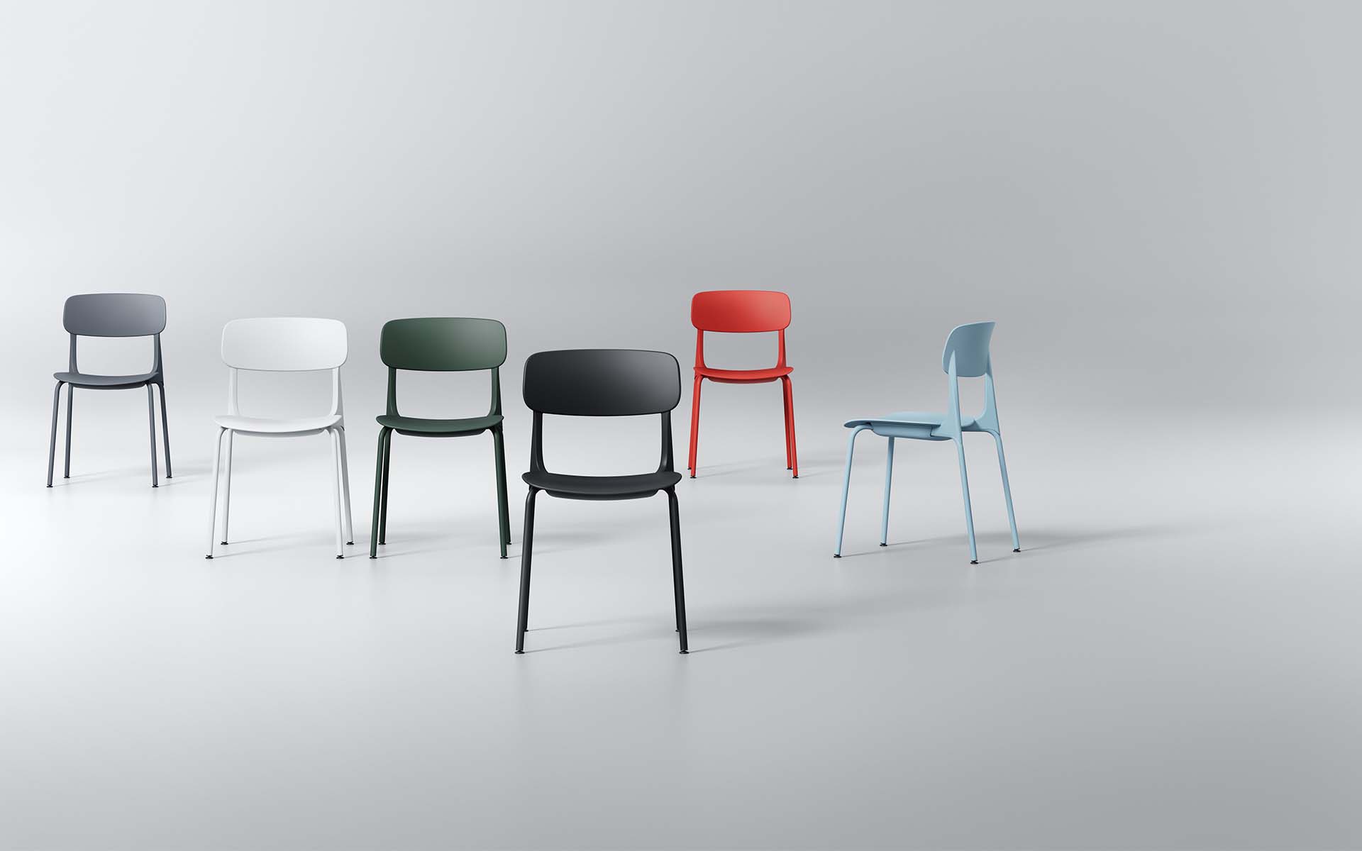 Sechs Okamura Ena Besucherstühle von ITO Design in diversen Farben (Dunkelgrau, Neo-Weiß, Dunkelgrün, Schwarz, Orangerot und Salbei)