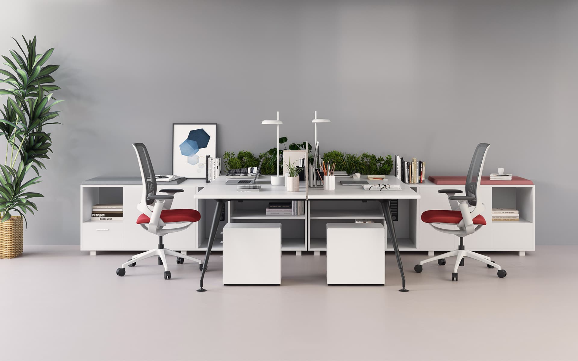 Modern double desk office with two Enova Hug office chairs by ITO Design in white/grey/red