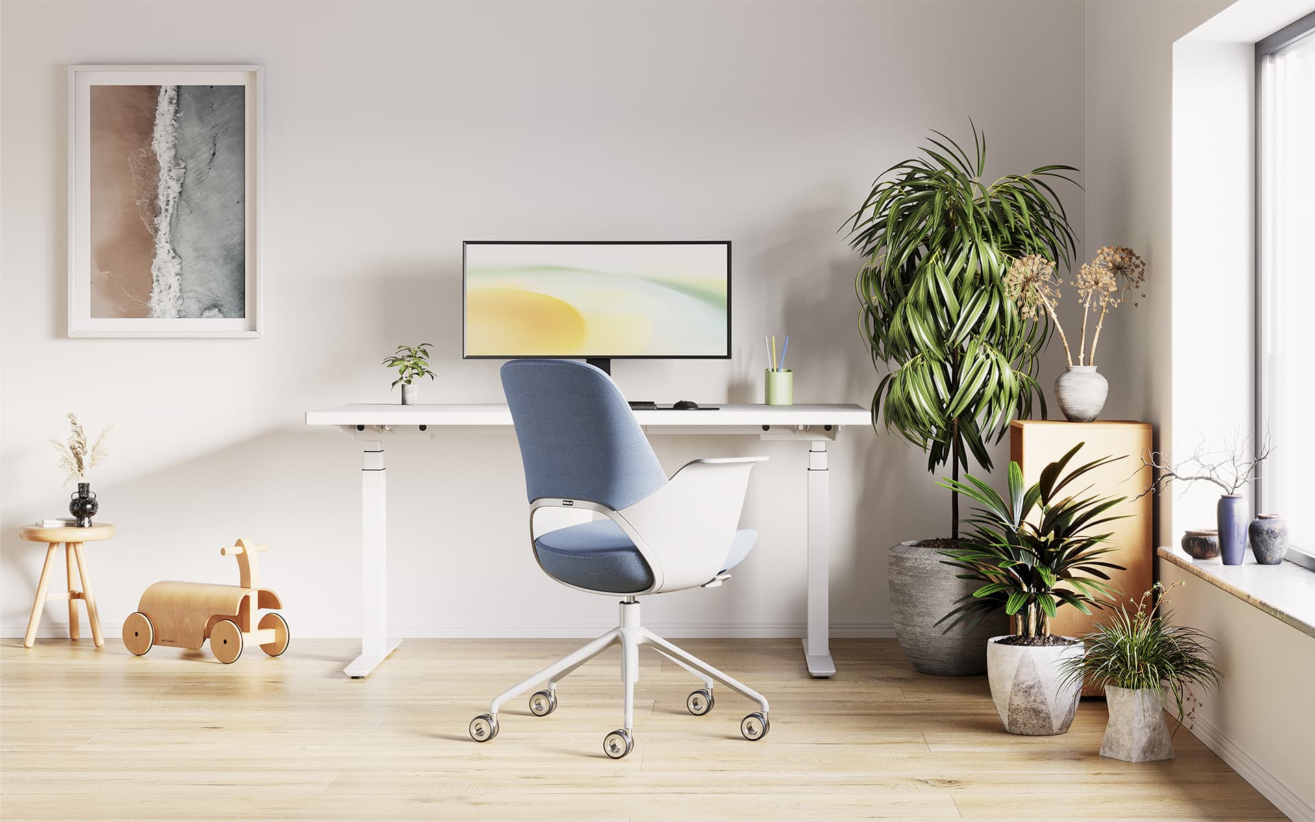 Blue Henglin Caia office chair by ITO Design in a modern home workplace
