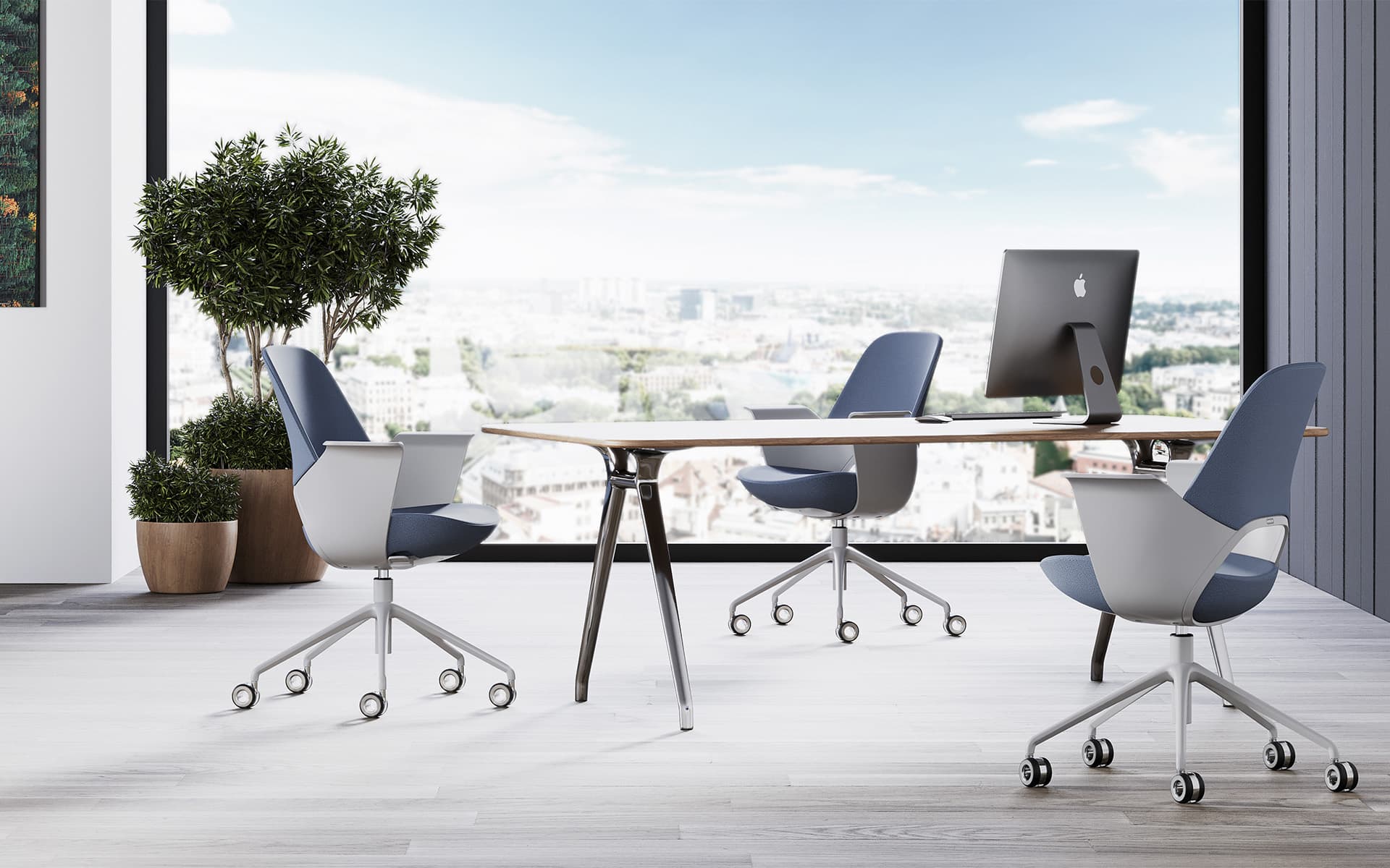 Lateral view of a Henglin Caia office chair by ITO Design with padded seat and backrest in blue, armrest in white