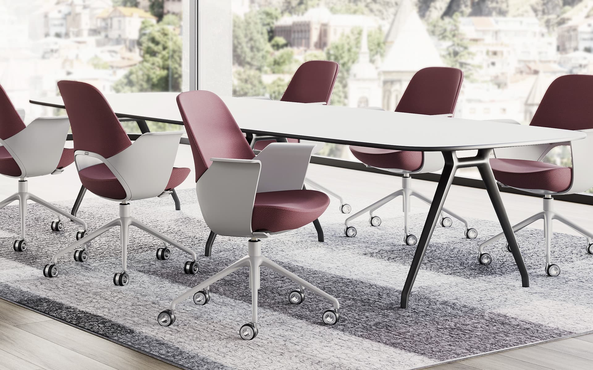 Six dark red Henglin Caia office chairs by ITO Design around a meeting table