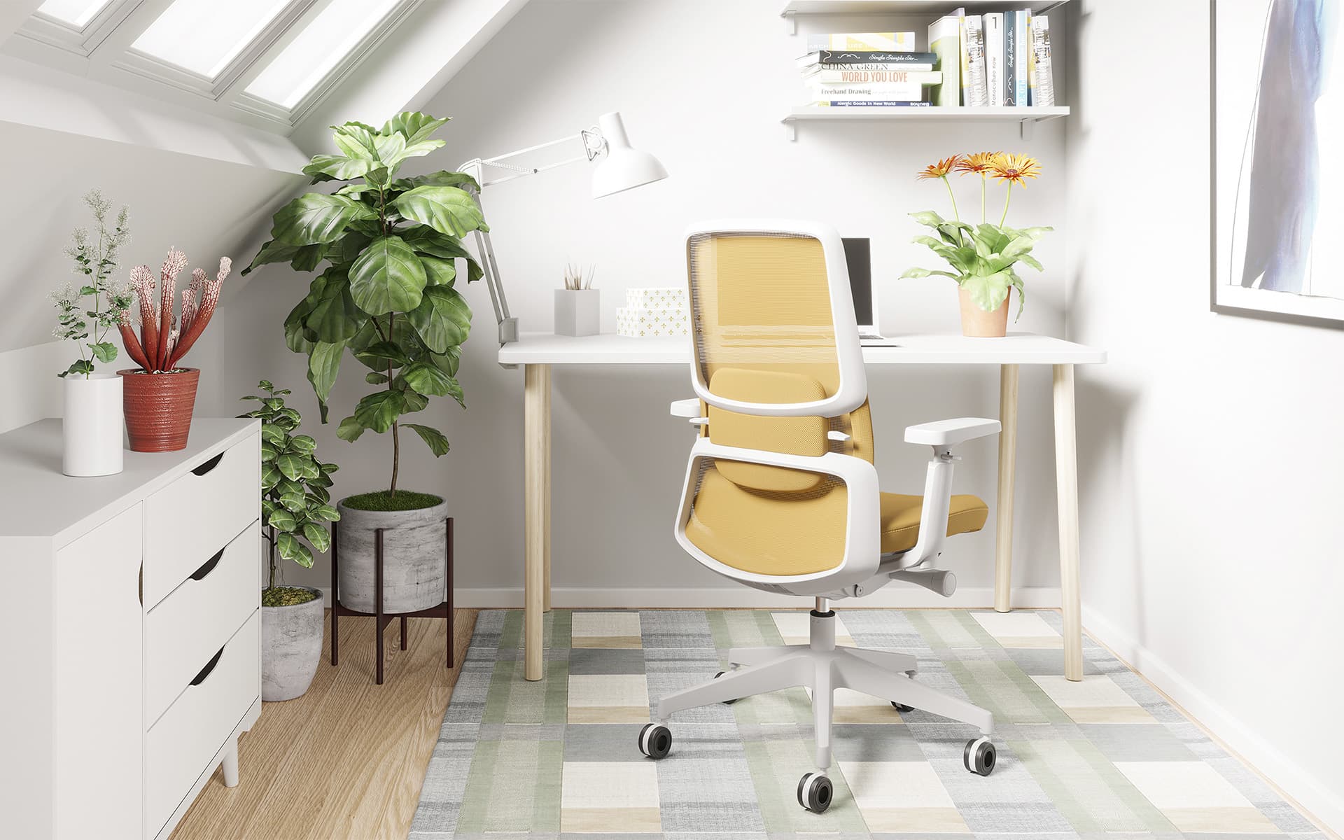 White and dark yellow M2 office chair by ITO Design in a small, modern home office flooded with light