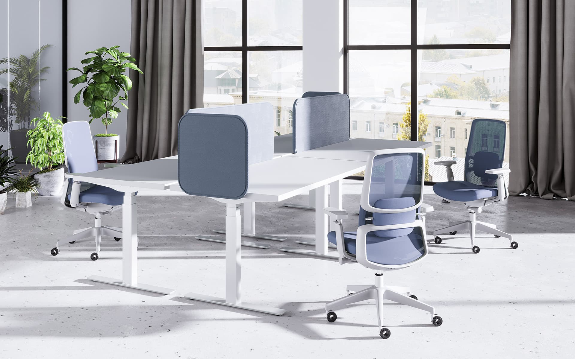 Three grey-blue Henglin M2 office chairs by ITO Design in an open-plan office with a view