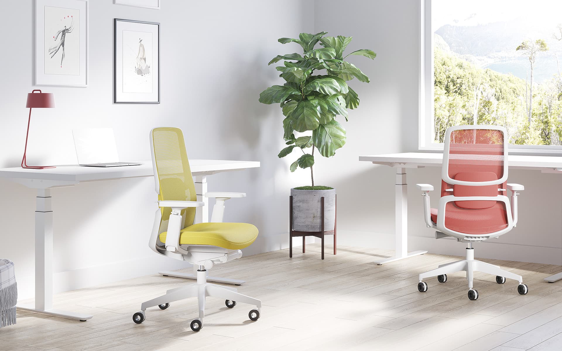 Lemon yellow and red Henglin M2 swivel chairs by ITO Design in a minimalist and bright co-working space with a view