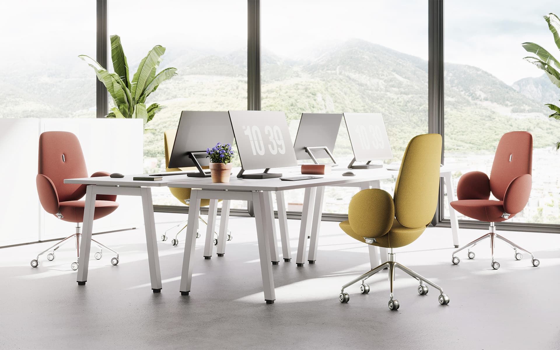 Dark yellow and red Henglin Tony office chairs by ITO Design in an open-plan office with a view