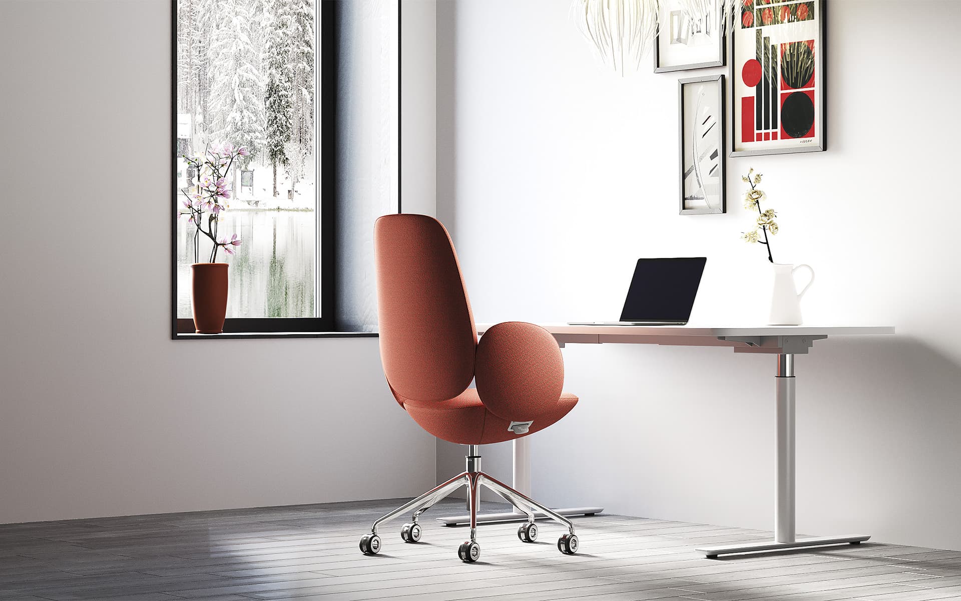 Minimalist home workplace with a red Henglin Tony office chair by ITO Design