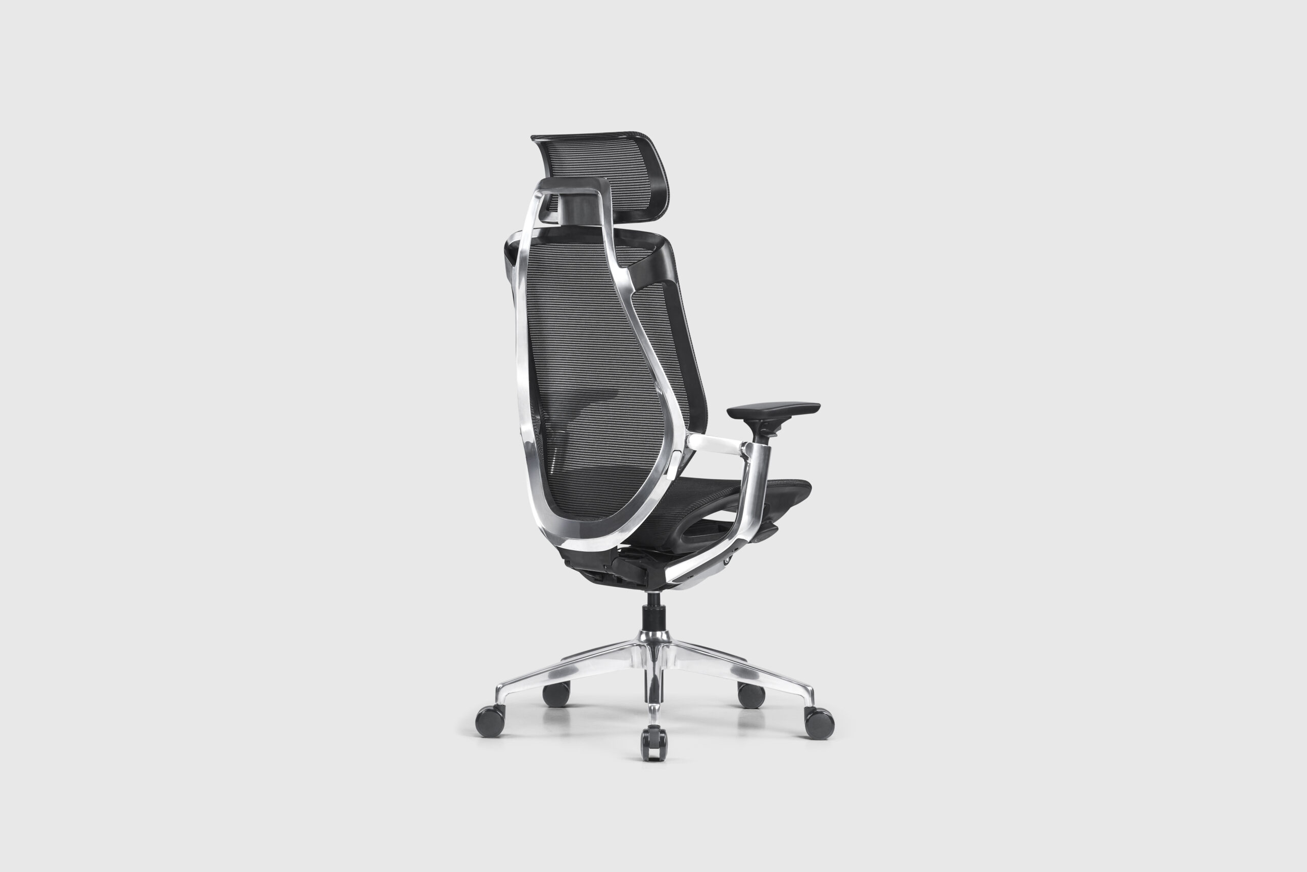 Office chair Birch by ITO Design for Goodtone with black mesh backrest with silver frame against a white background.