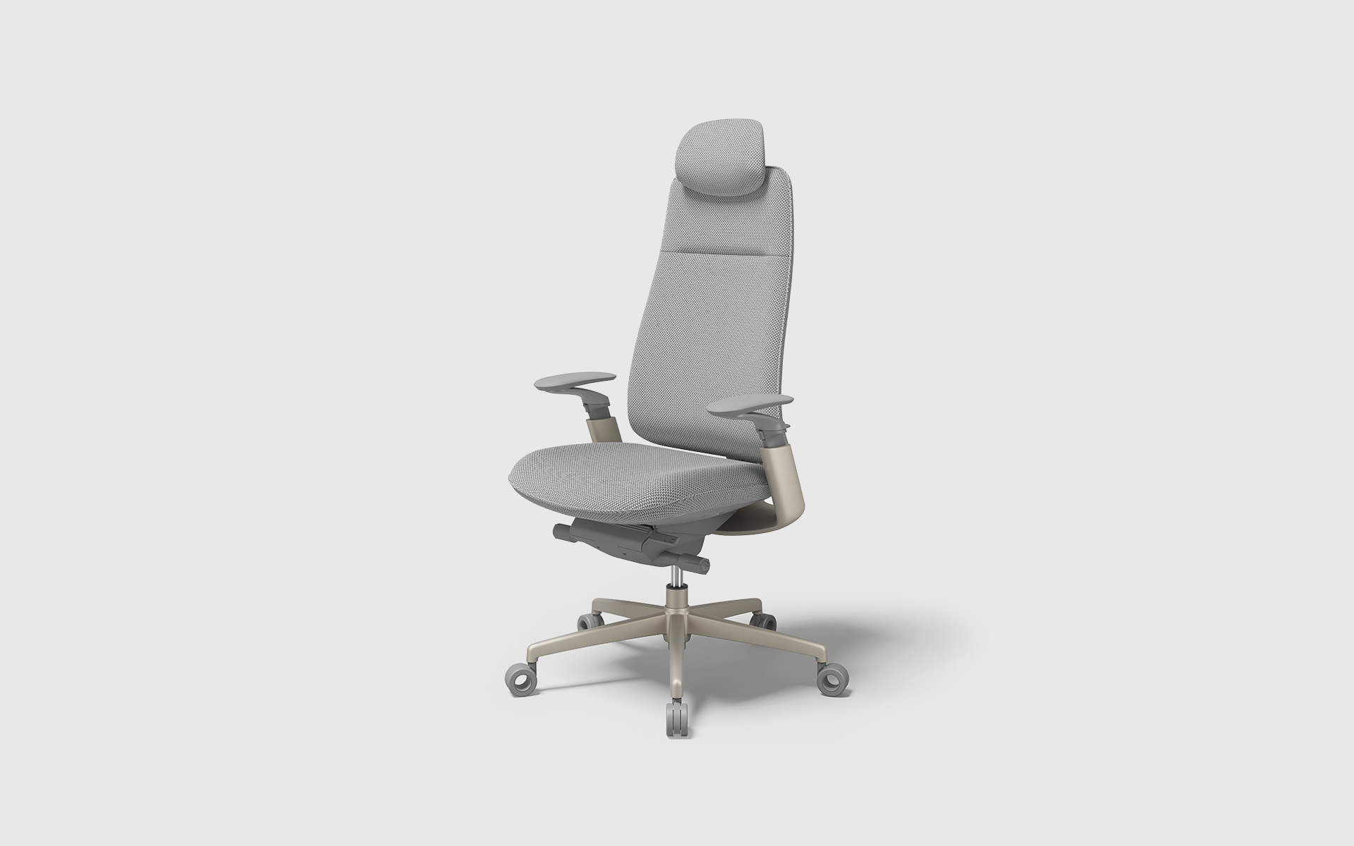 Front side view of the Sidiz T90 office chair by ITO Design for Sidiz in light grey with headrest and five-star base, against a white background.