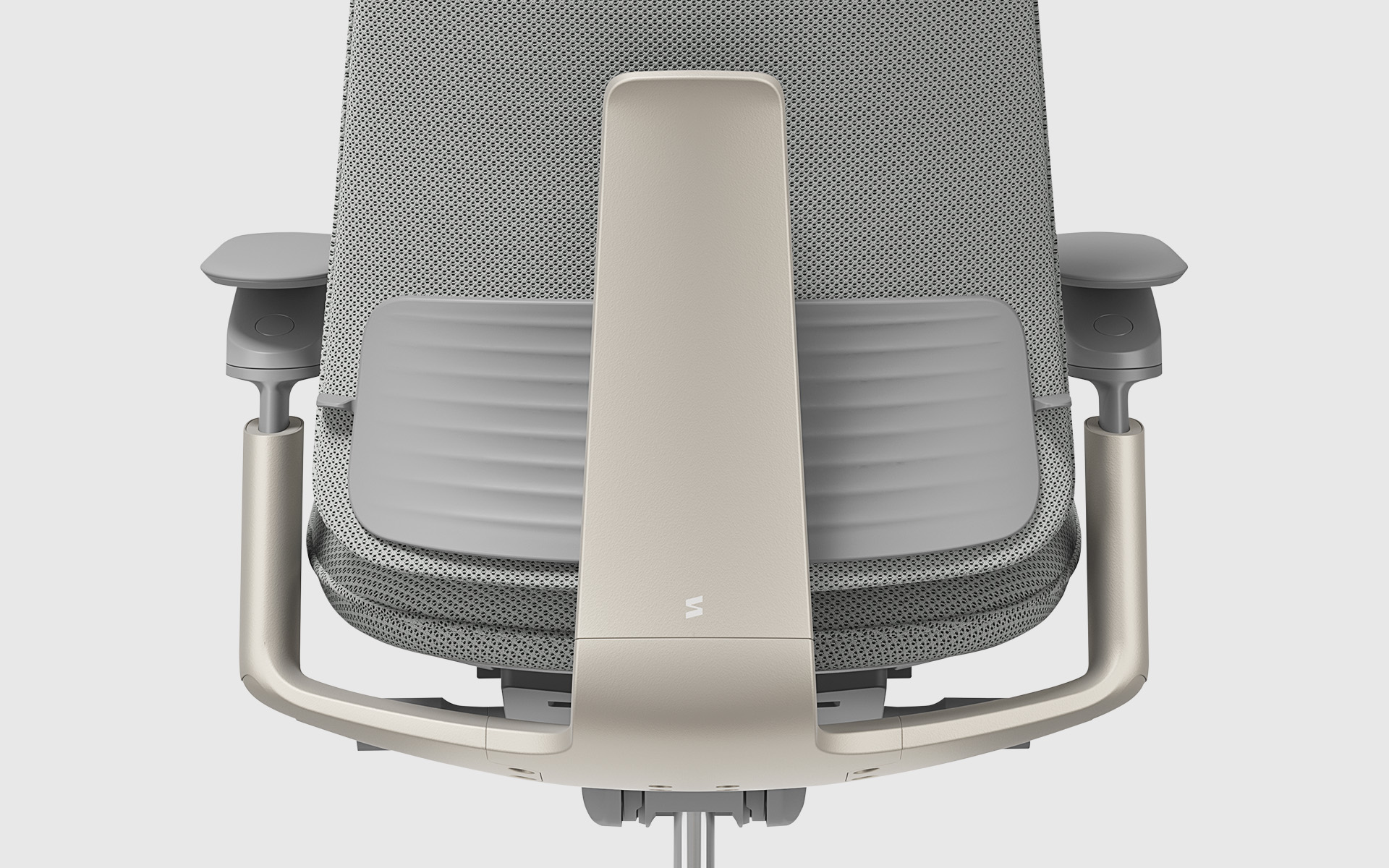 Rear view of the Sidiz T90 office chair by ITO Design for Sidiz in light grey, focusing on the ergonomic mesh backrest and lumbar support.